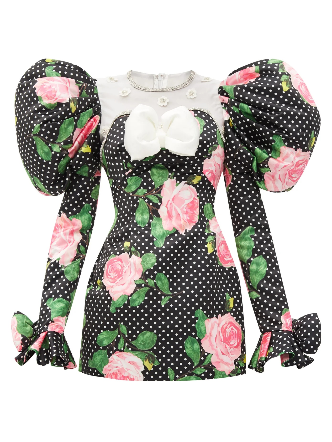 Puff-shoulder rose and polka dot-print satin dress - 1