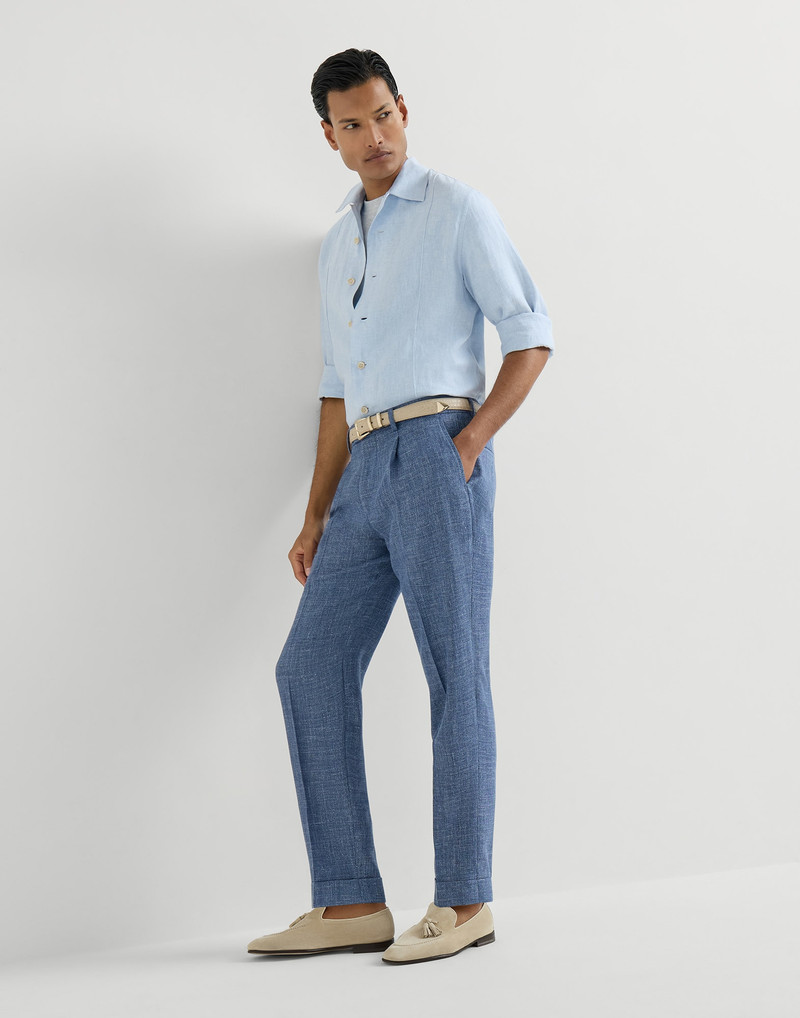 Virgin wool, silk and linen hopsack trousers with pleat 5