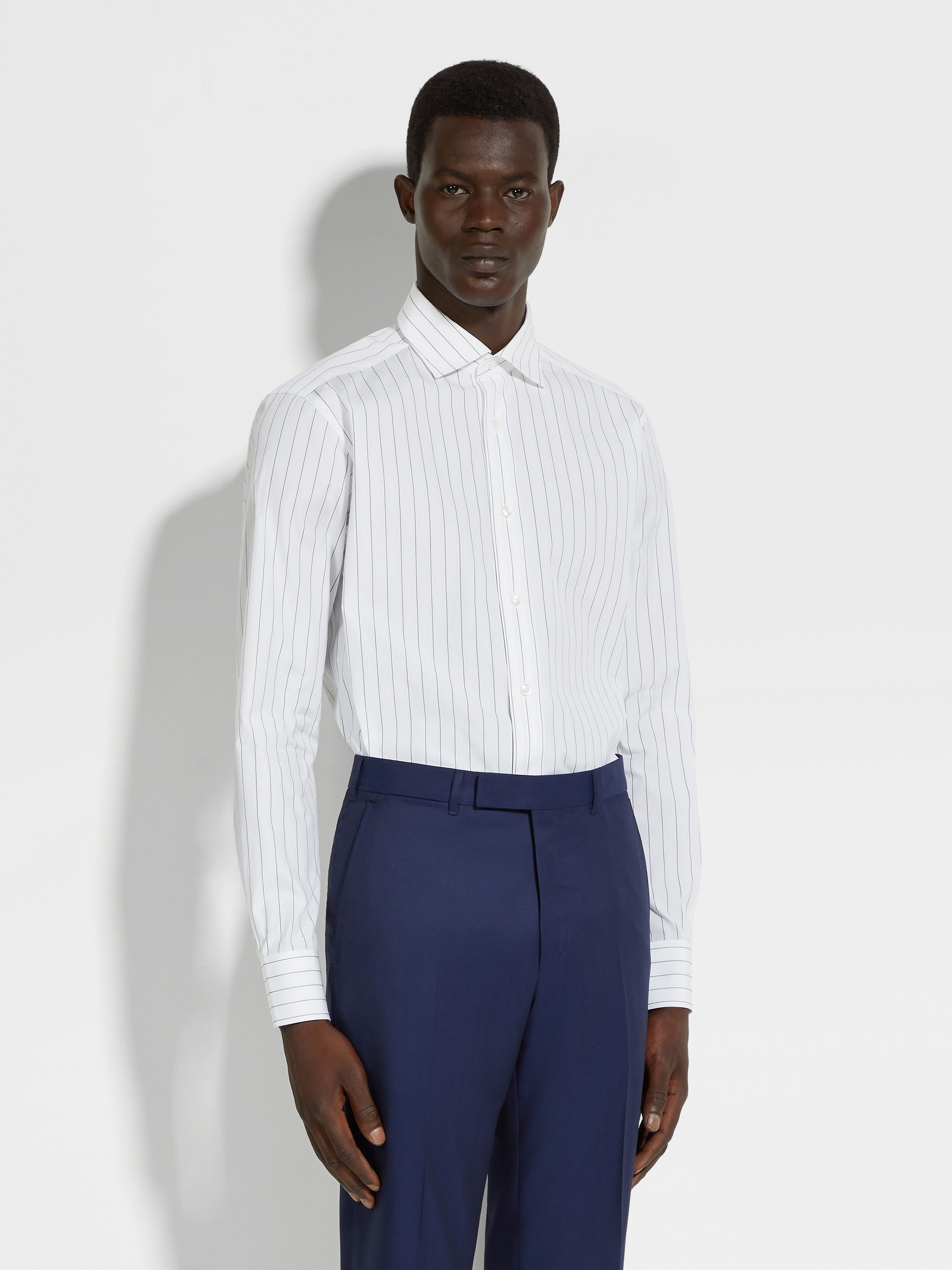 WHITE AND NAVY BLUE MACRO-STRIPED CENTOVENTIMILA COTTON SHIRT - 4
