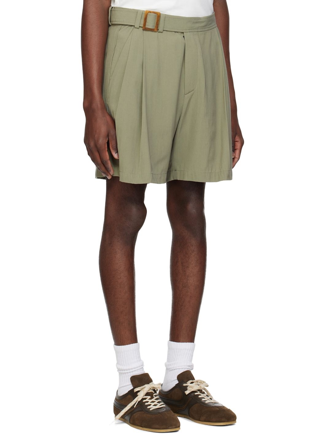 Khaki Wrinkle Detail Belted Shorts - 2