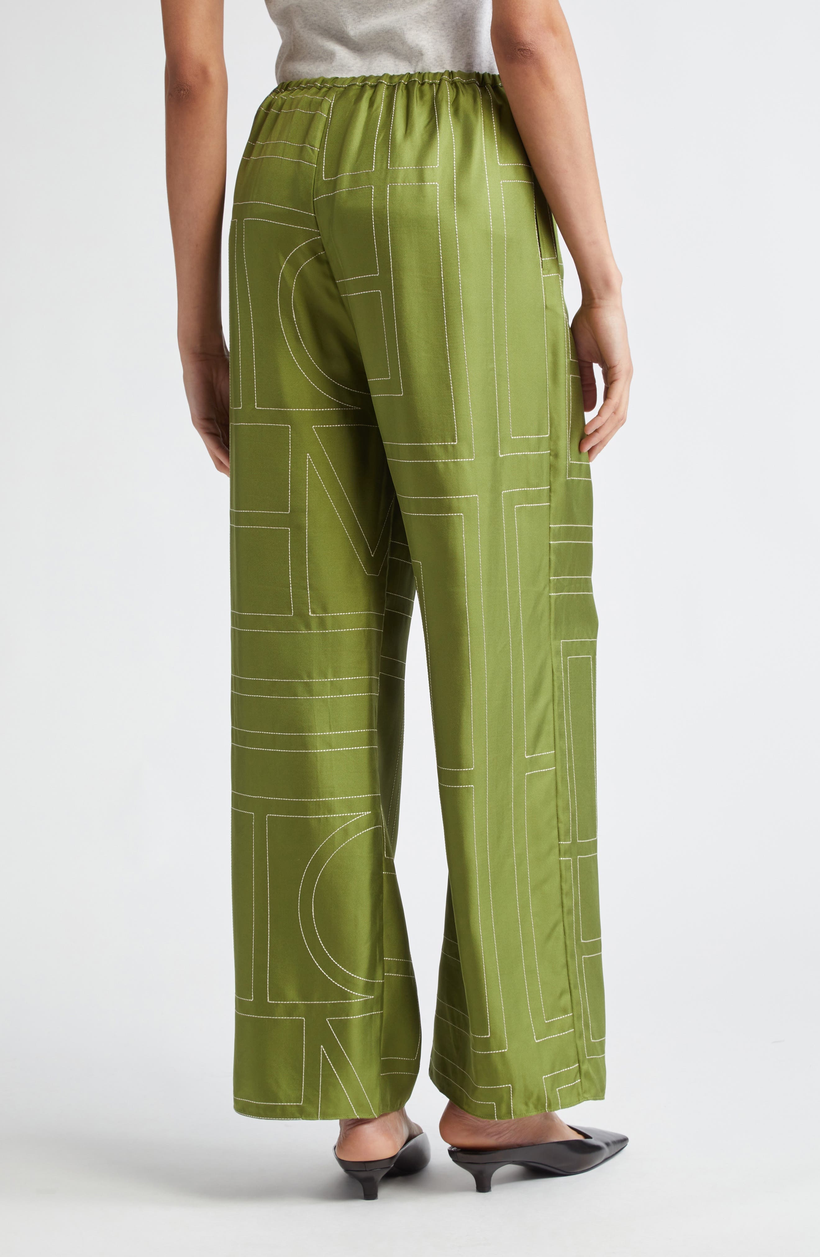 TOTEME Monogram Embroidered Silk Pants in Laurel at Nordstrom - 2