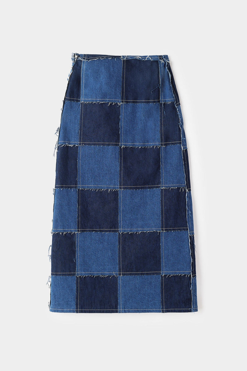 SUNNEI PATCHWORK LONG SPLIT SKIRT / denim outlook