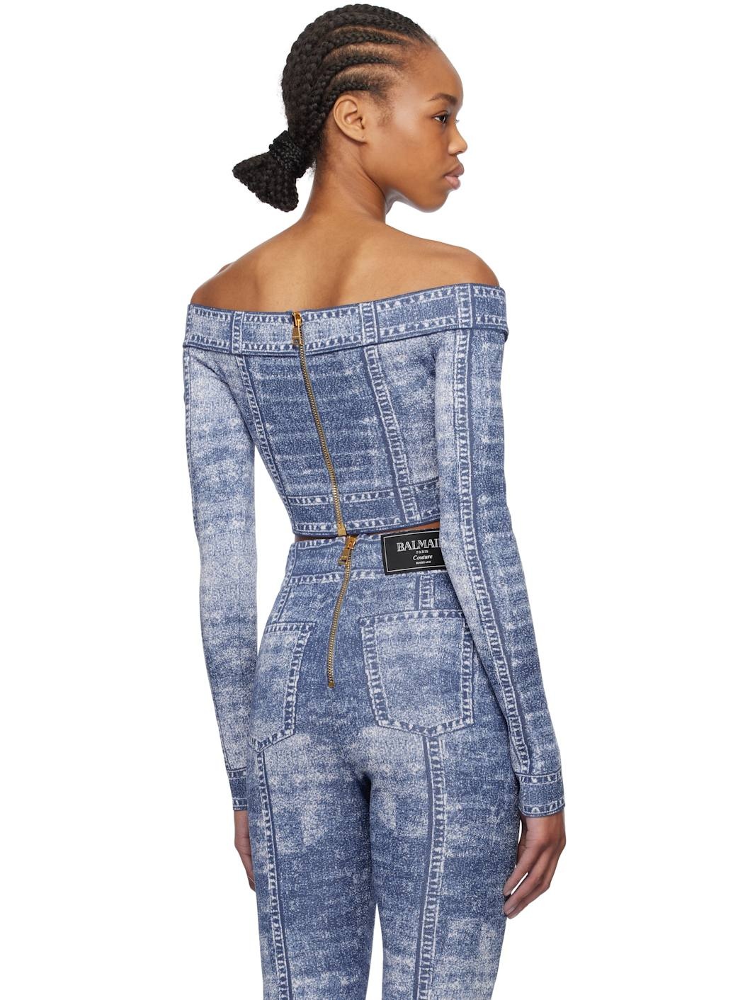 Blue Double Collar Denim Trompe L'oeil Top - 3