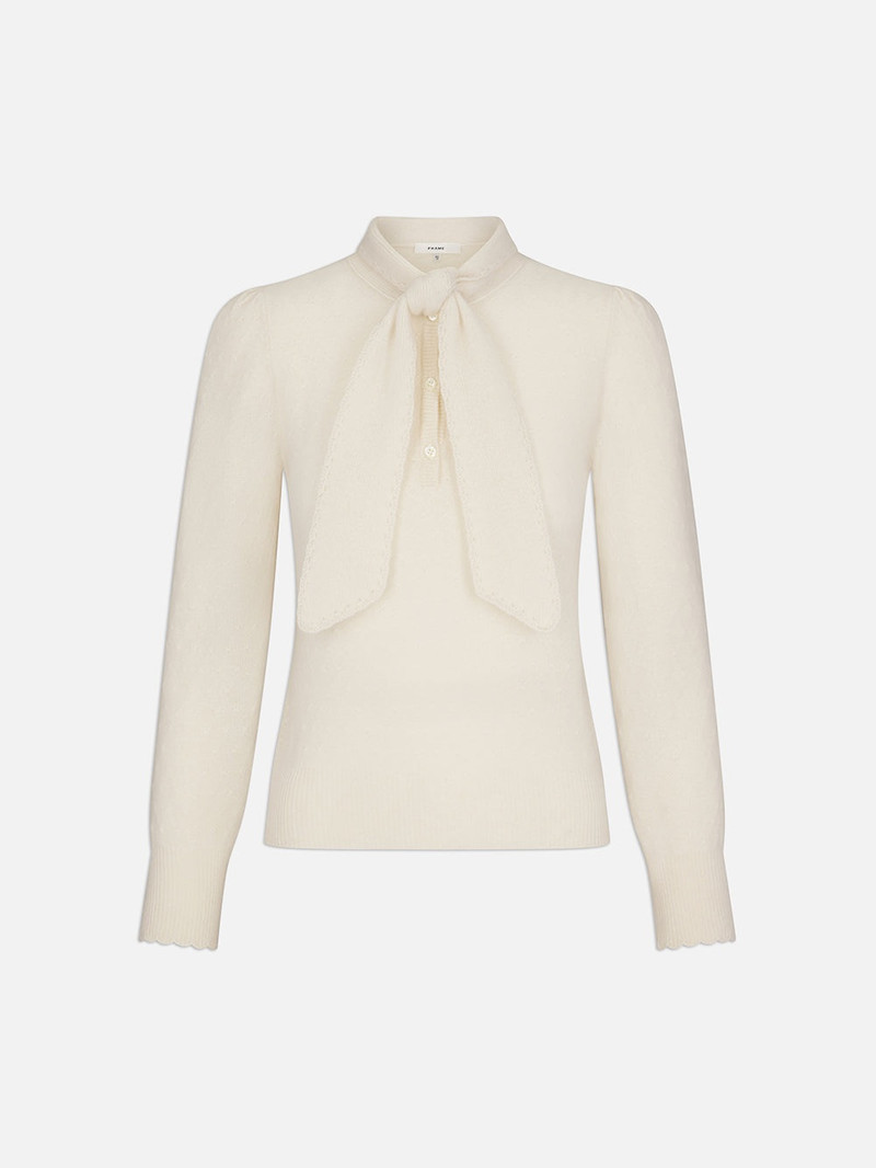 Pointelle Tie Neck Sweater in Cream 1