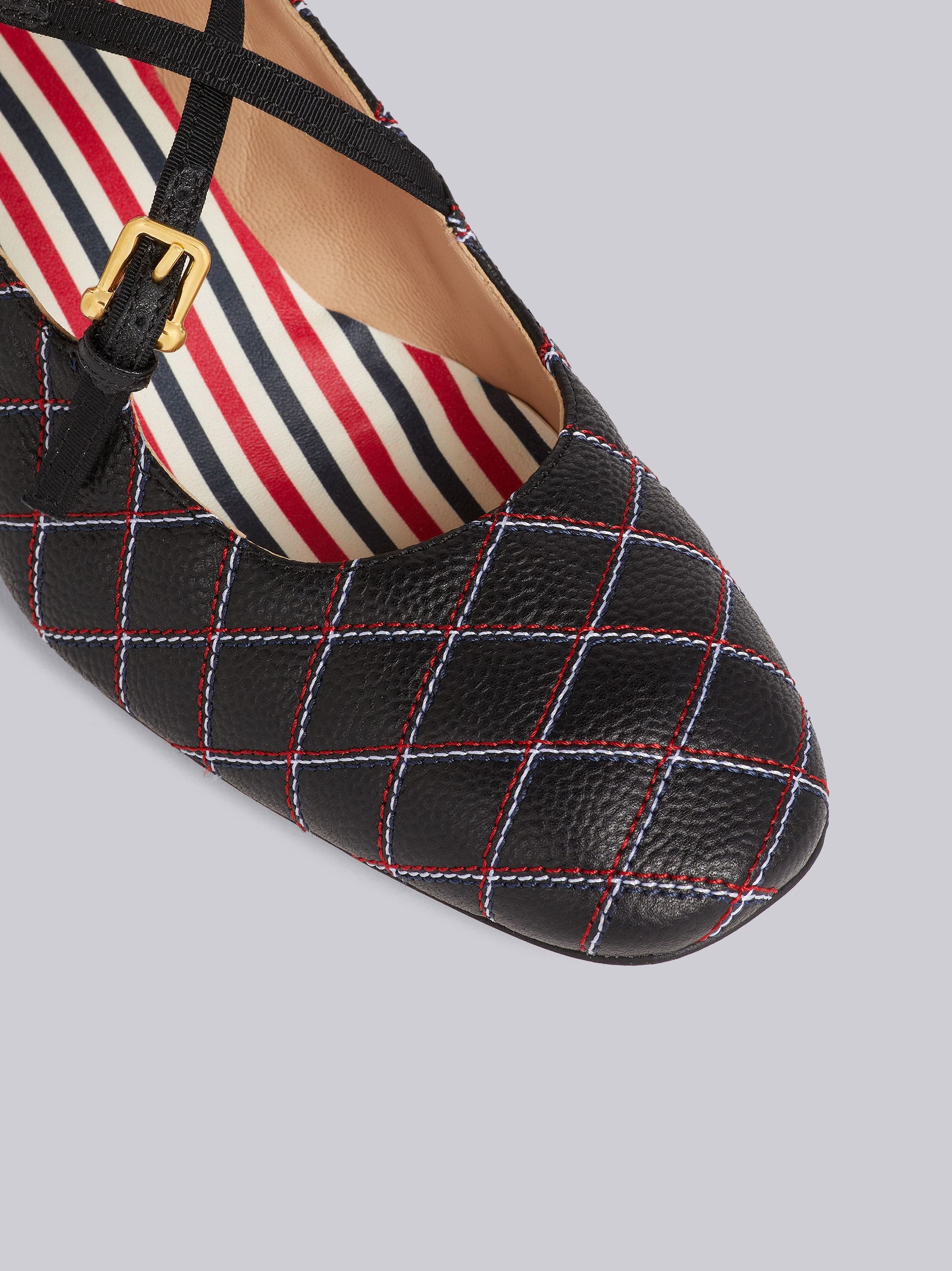 Black Pebbled Calfskin Criss-cross Stitch Block Heel Criss Cross Mary Jane - 2