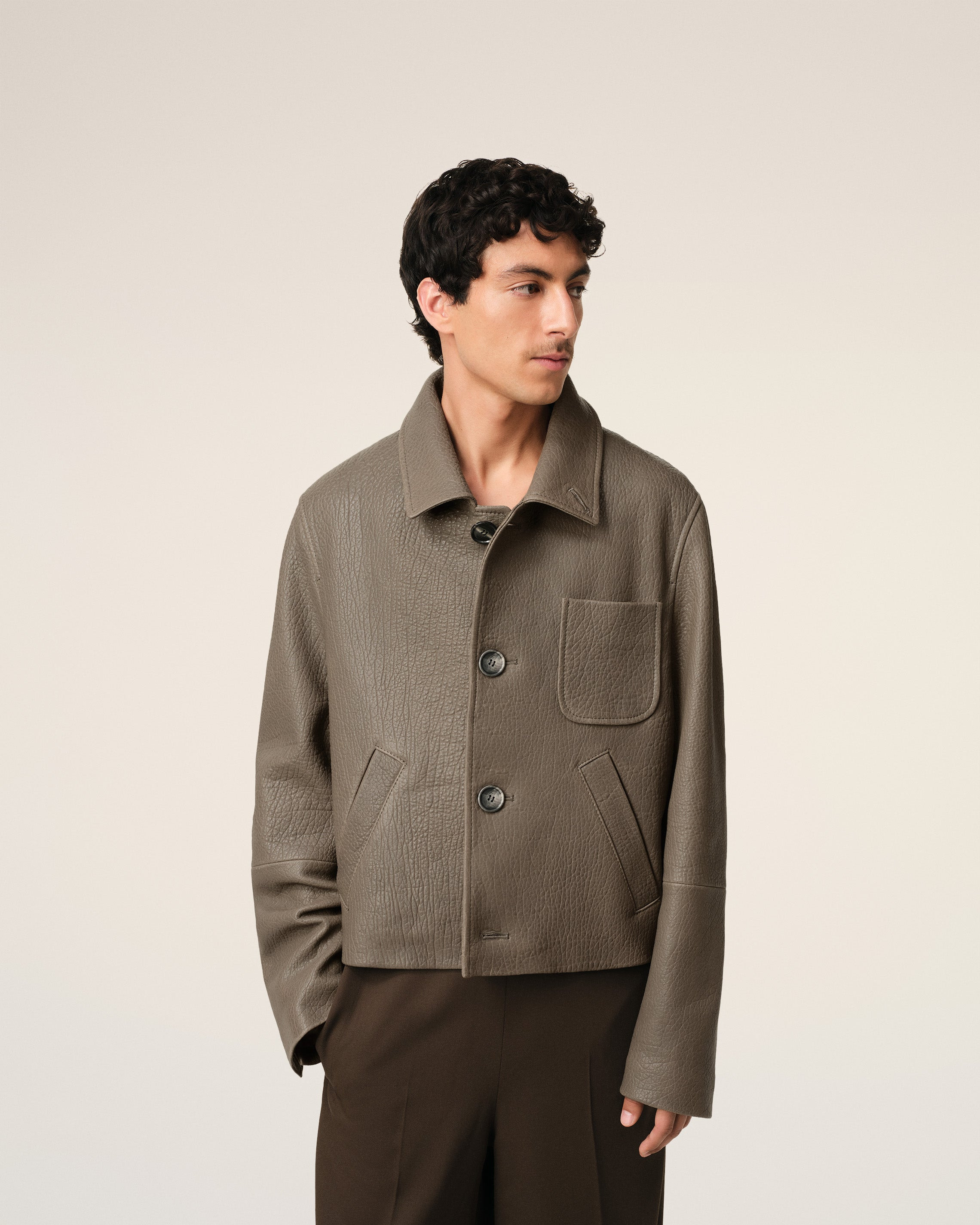TAUPE LEATHER BUTTONED JACKET - 6
