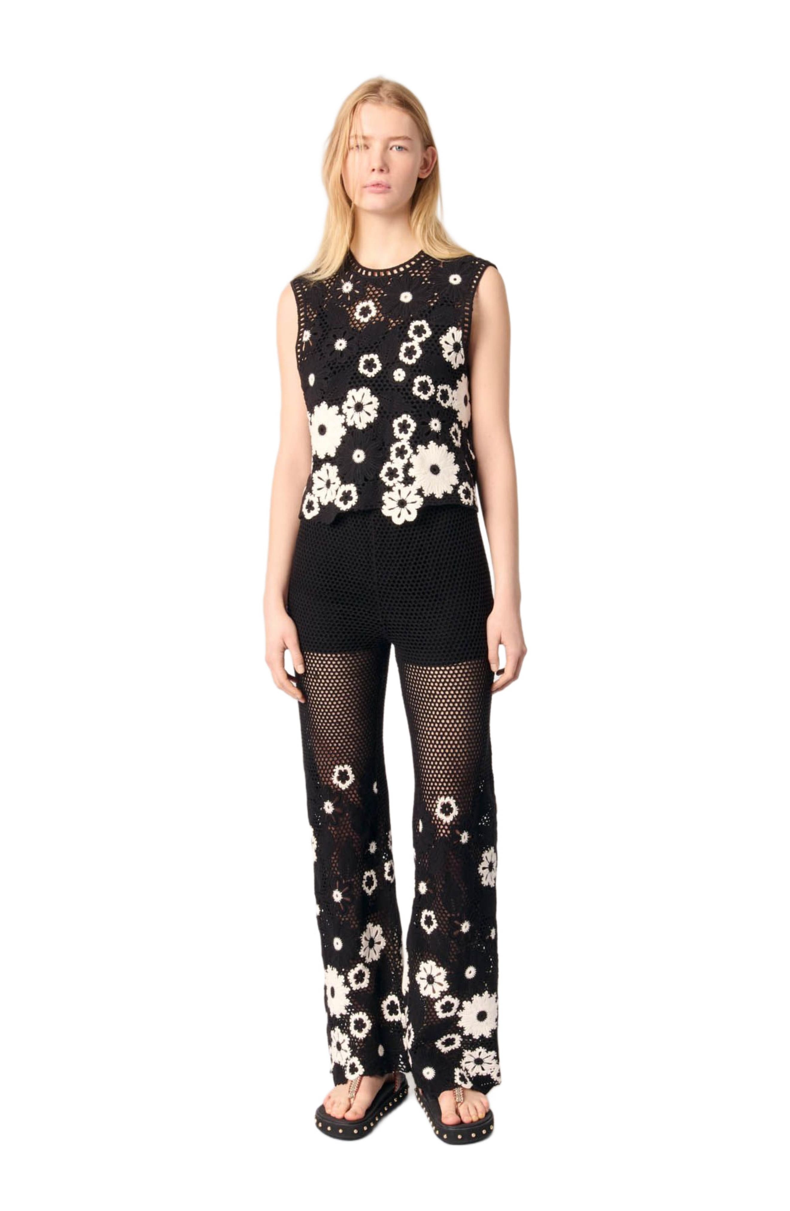 maje Floral crochet trousers in Black /White at Nordstrom - 1