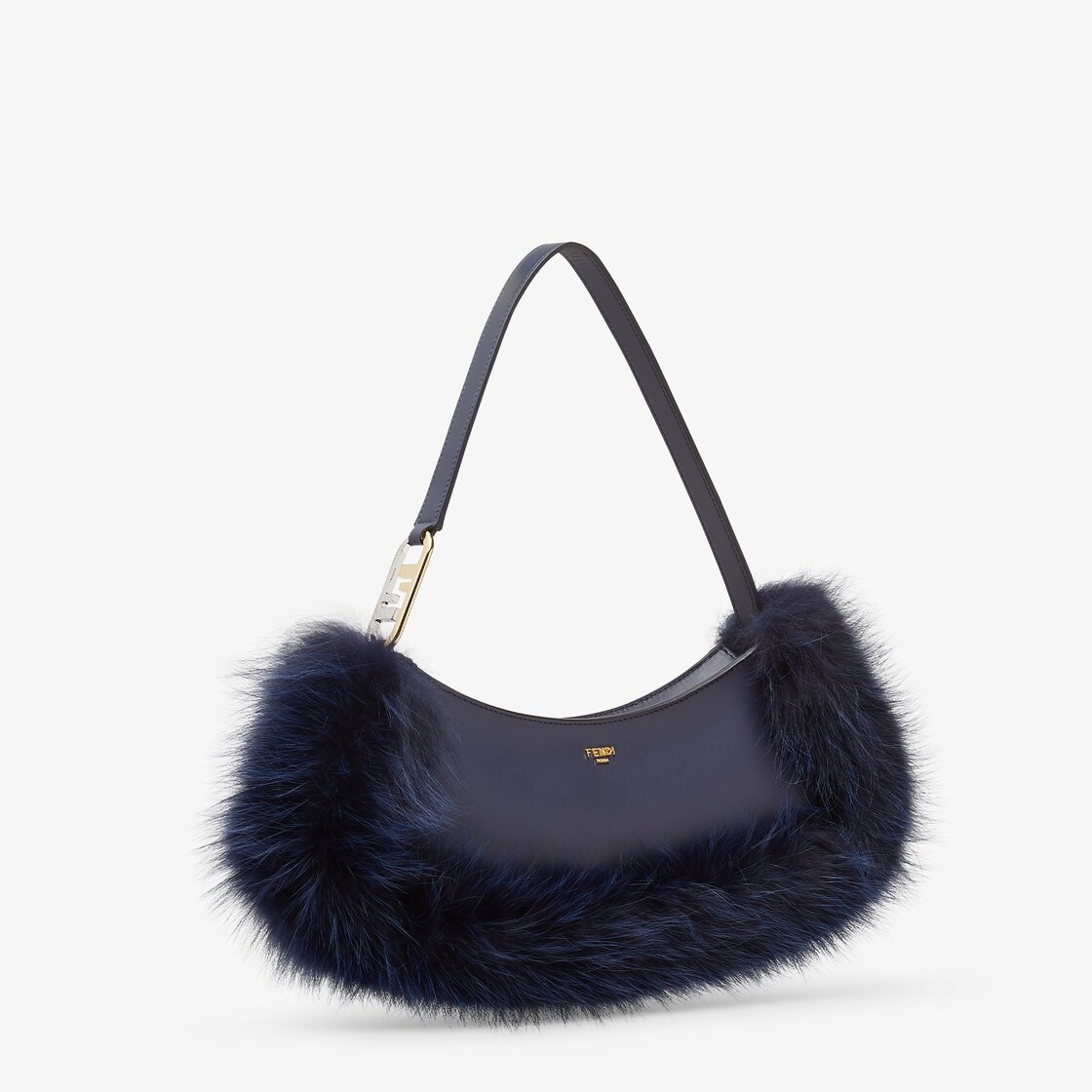 Pouch made of dark blue leather, embellished with tone on tone fox fur and decorated with Fendi Roma - 2