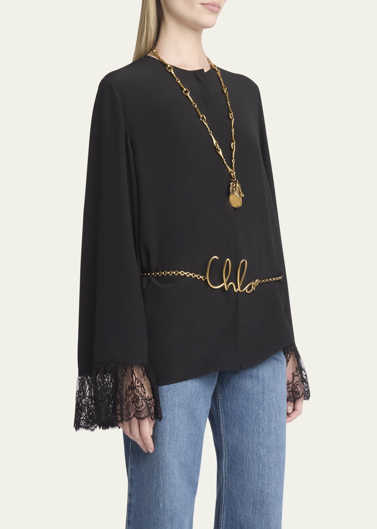 Button Down Crepe De Chine Top with Lace Sleeves - 4