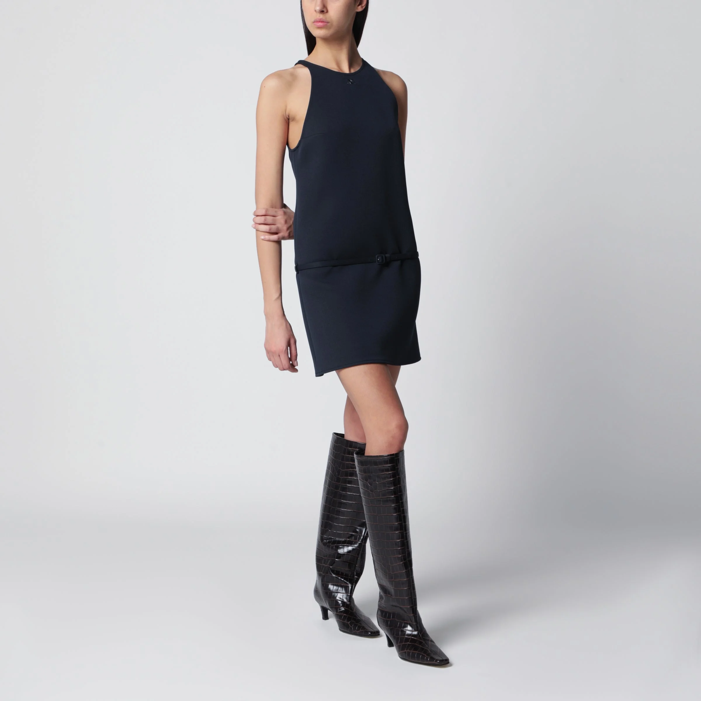 Sleeveless A-line twill mini dress with belt in navy - 1
