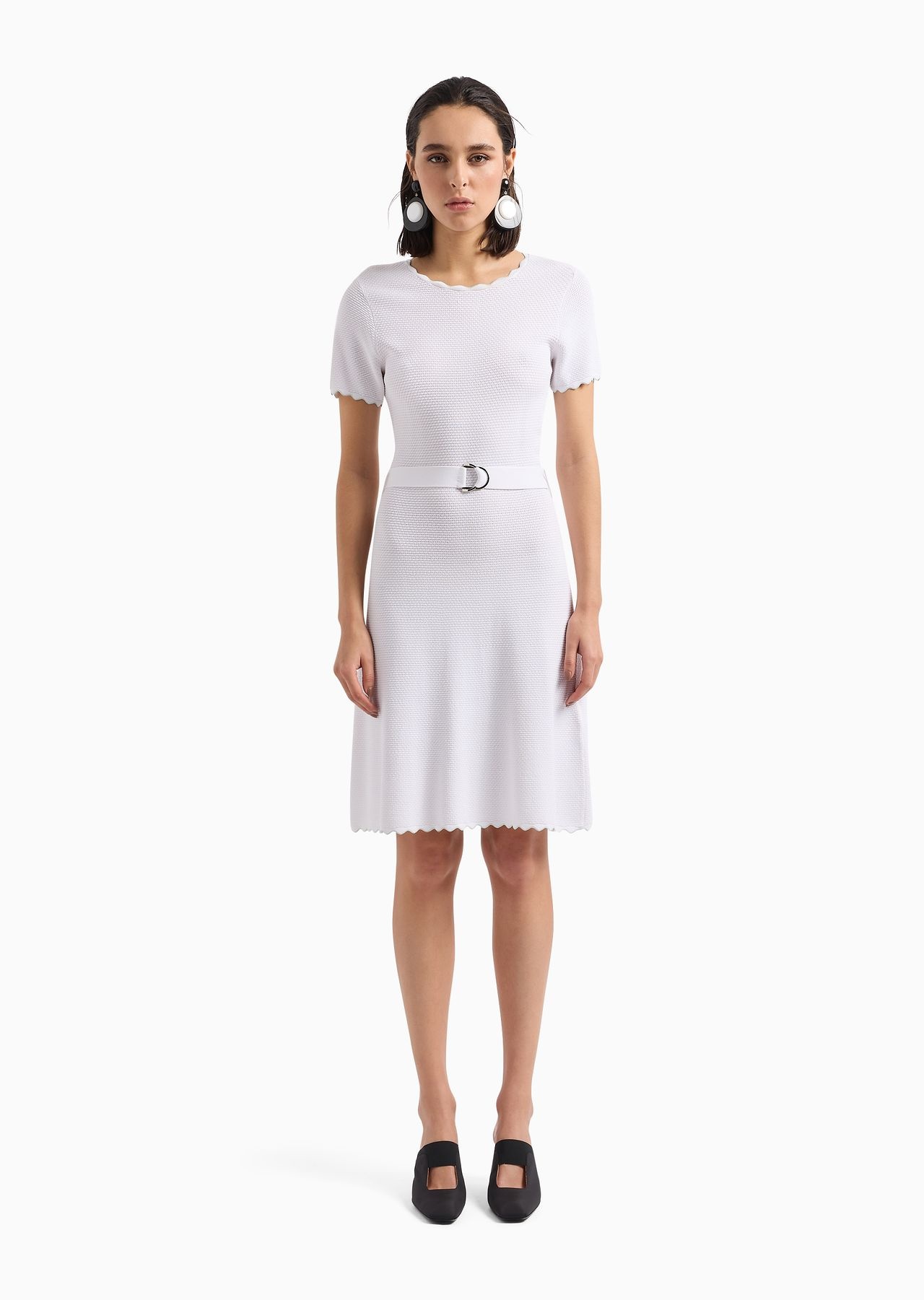 Moss-stitch knit flared dress with belt - 2