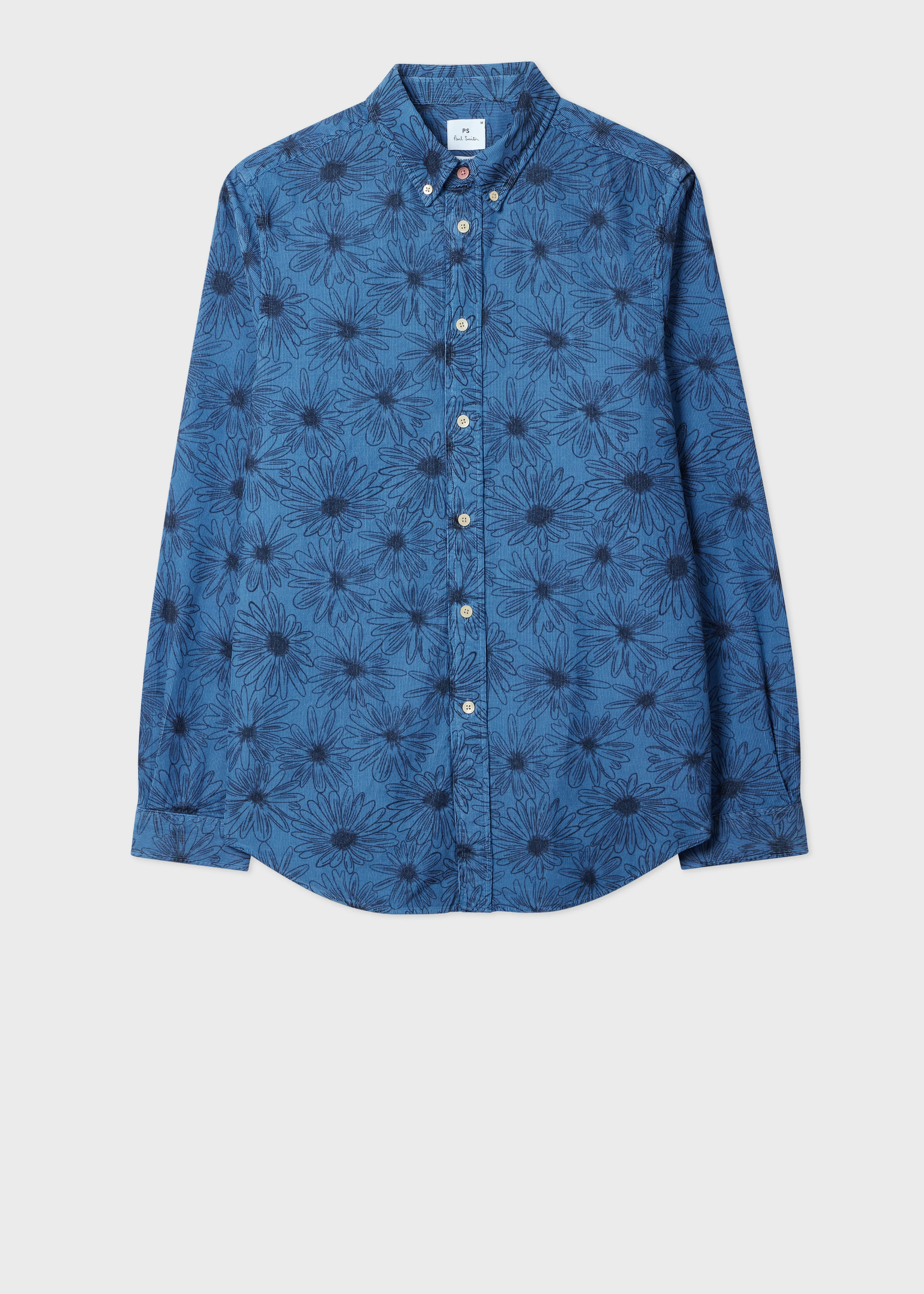Tailored-Fit Light Blue Floral Print Corduroy Shirt - 1