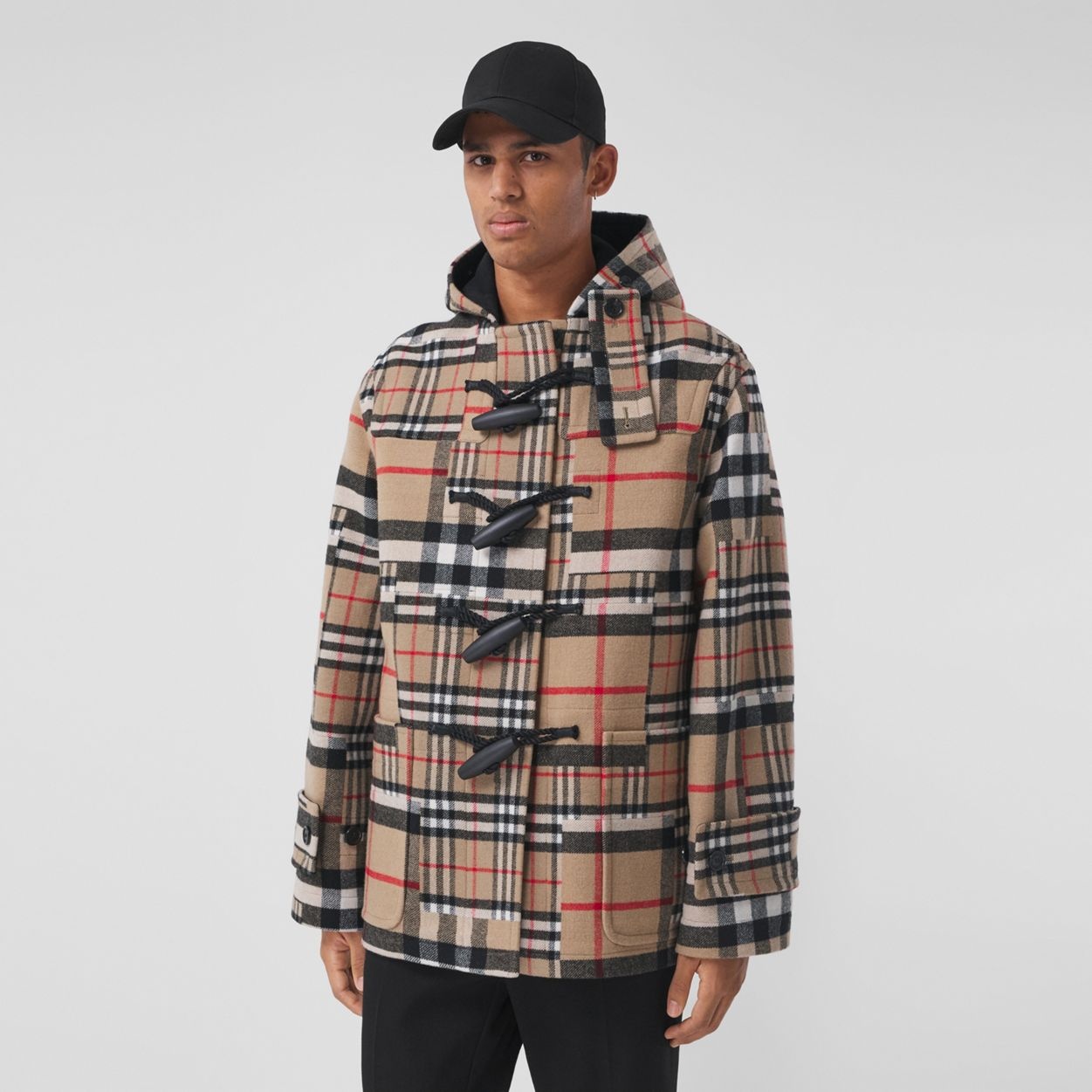 Check Wool Cashmere Oversized Hooded Duffle Coat - 7