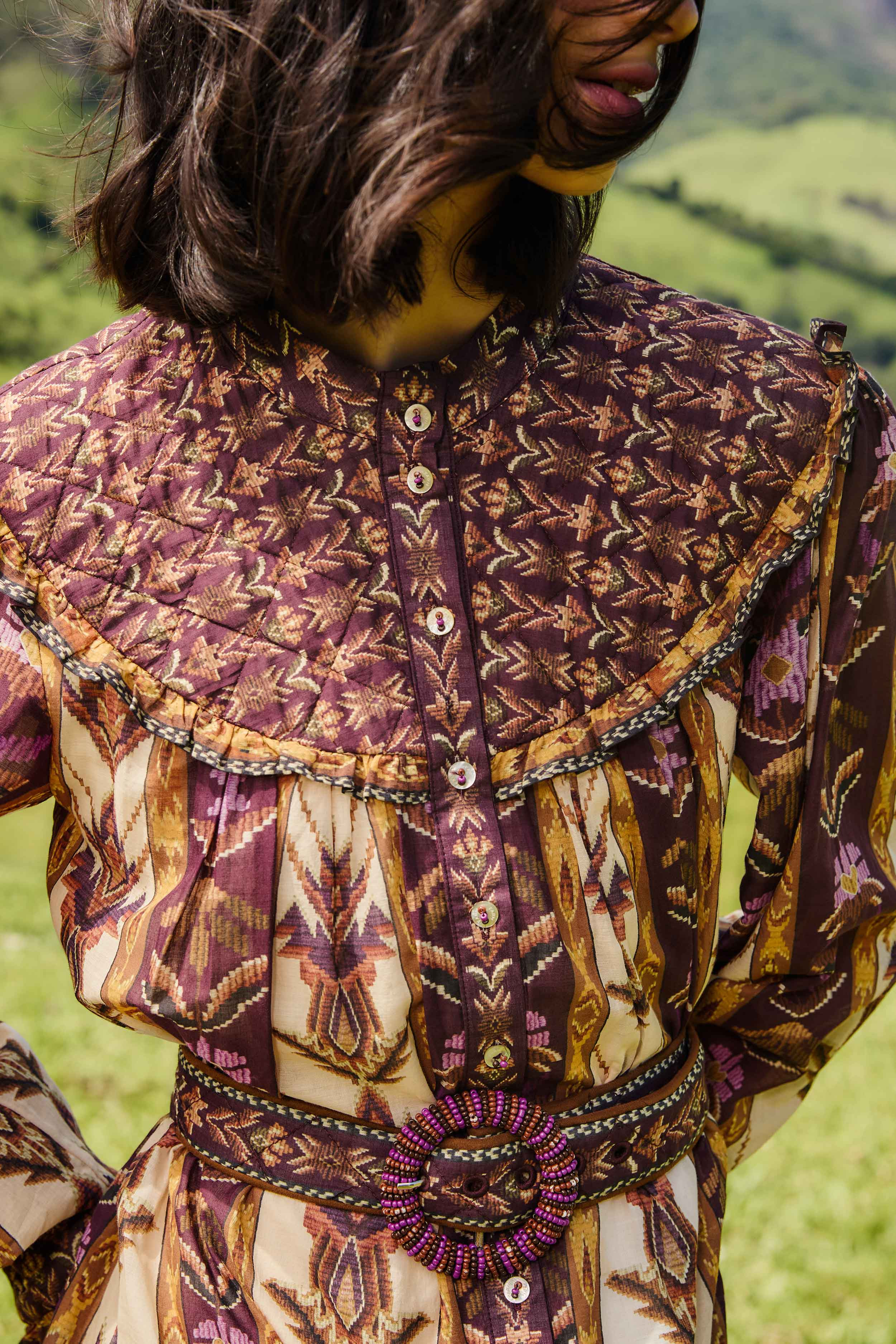 Sand Embroidered Tapestry Long Sleeve Mini Dress - 3