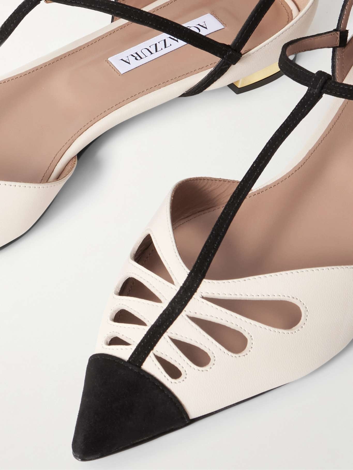 Camille suede-trimmed cutout leather point-toe flats Cream - 4