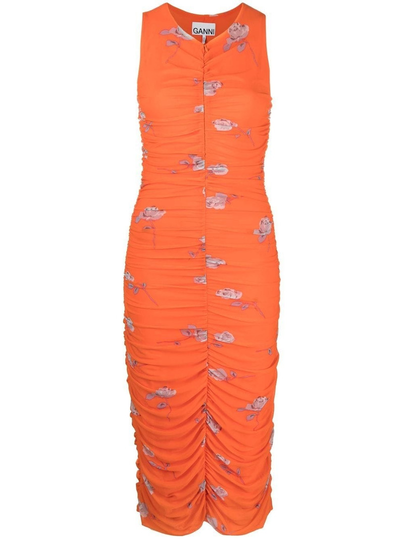 rose-print ruched mesh dress 1