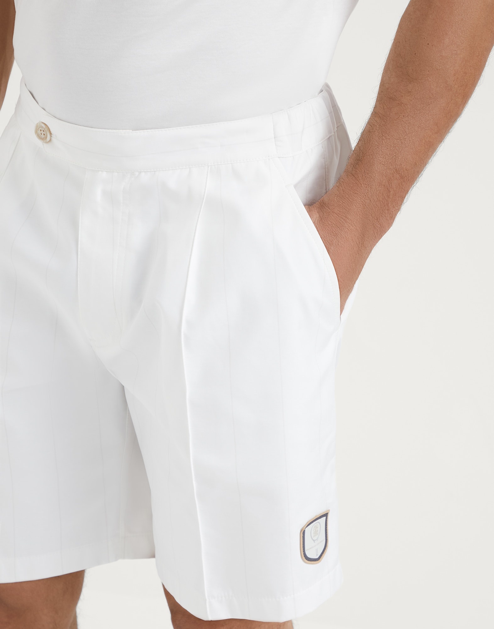 Chalk stripe nylon pleated Bermuda shorts with tabbed waistband and tennis badge - 3