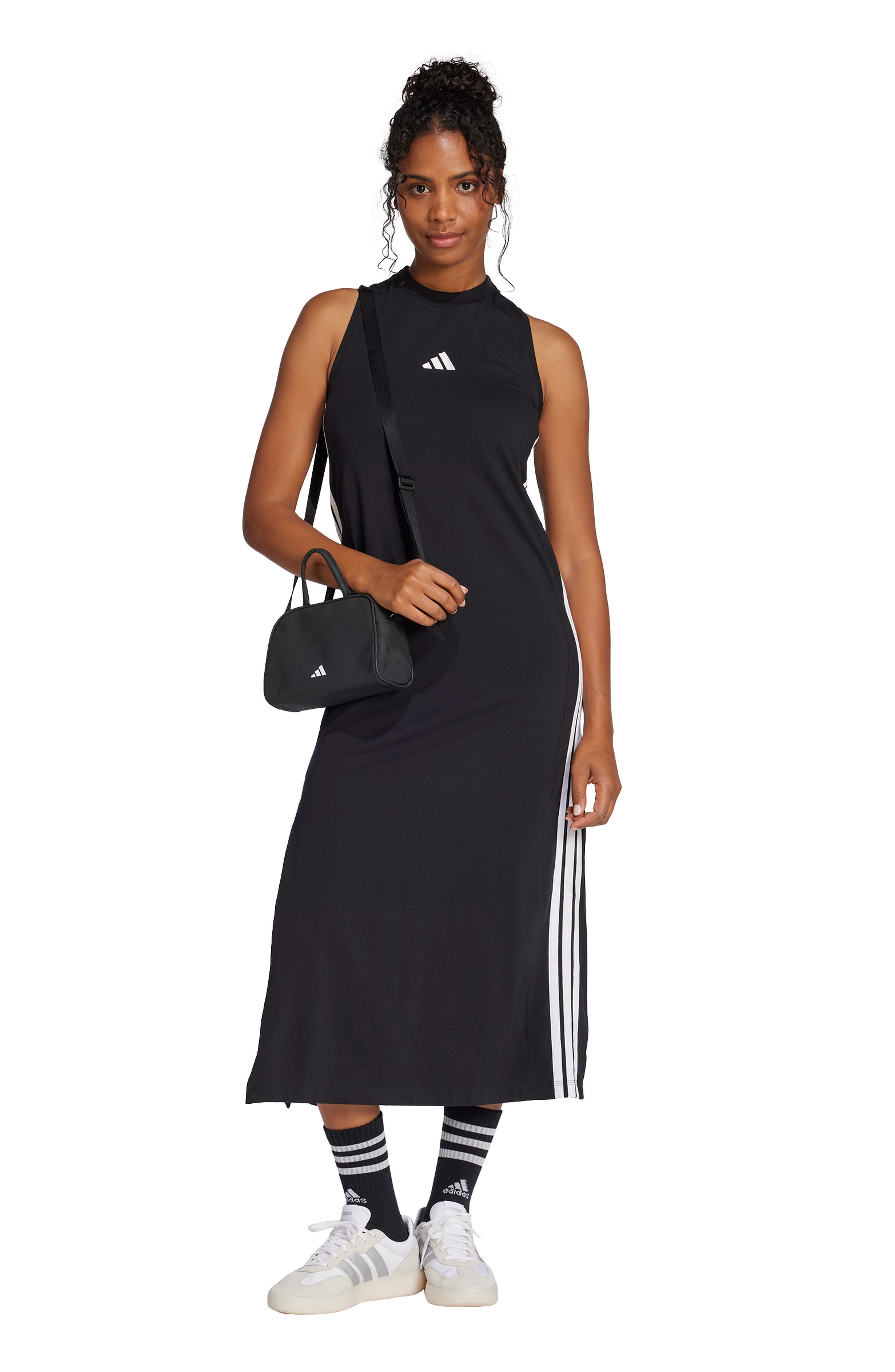 adidas Essentials 3-Stripes Racerback Midi Dress in Black/White at Nordstrom - 6