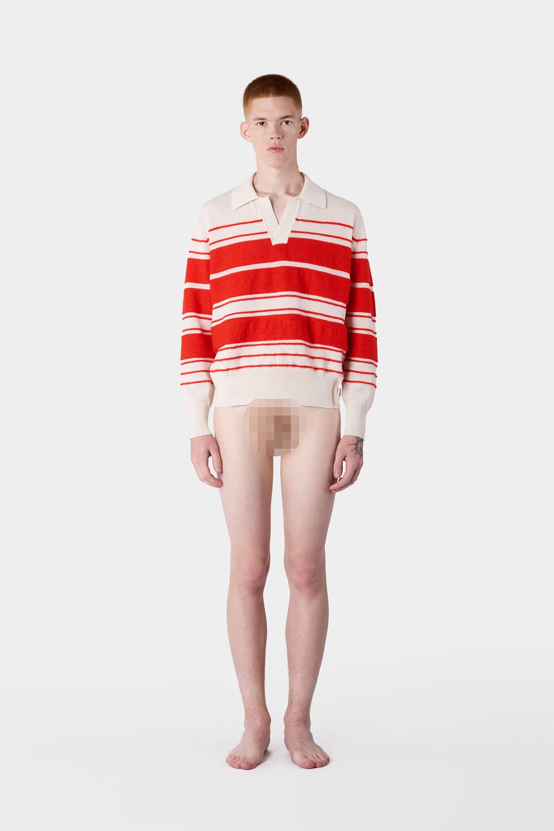 STRIPED KNIT LONSGLEEVE POLO / off white & acid red - 4