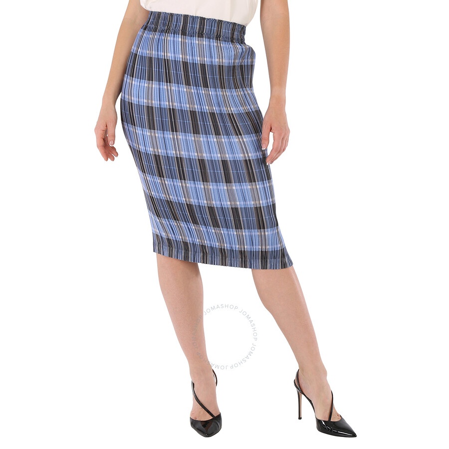 Burberry Ladies Pale Blue Check Plisse Pleated Check Pencil Skirt - 3
