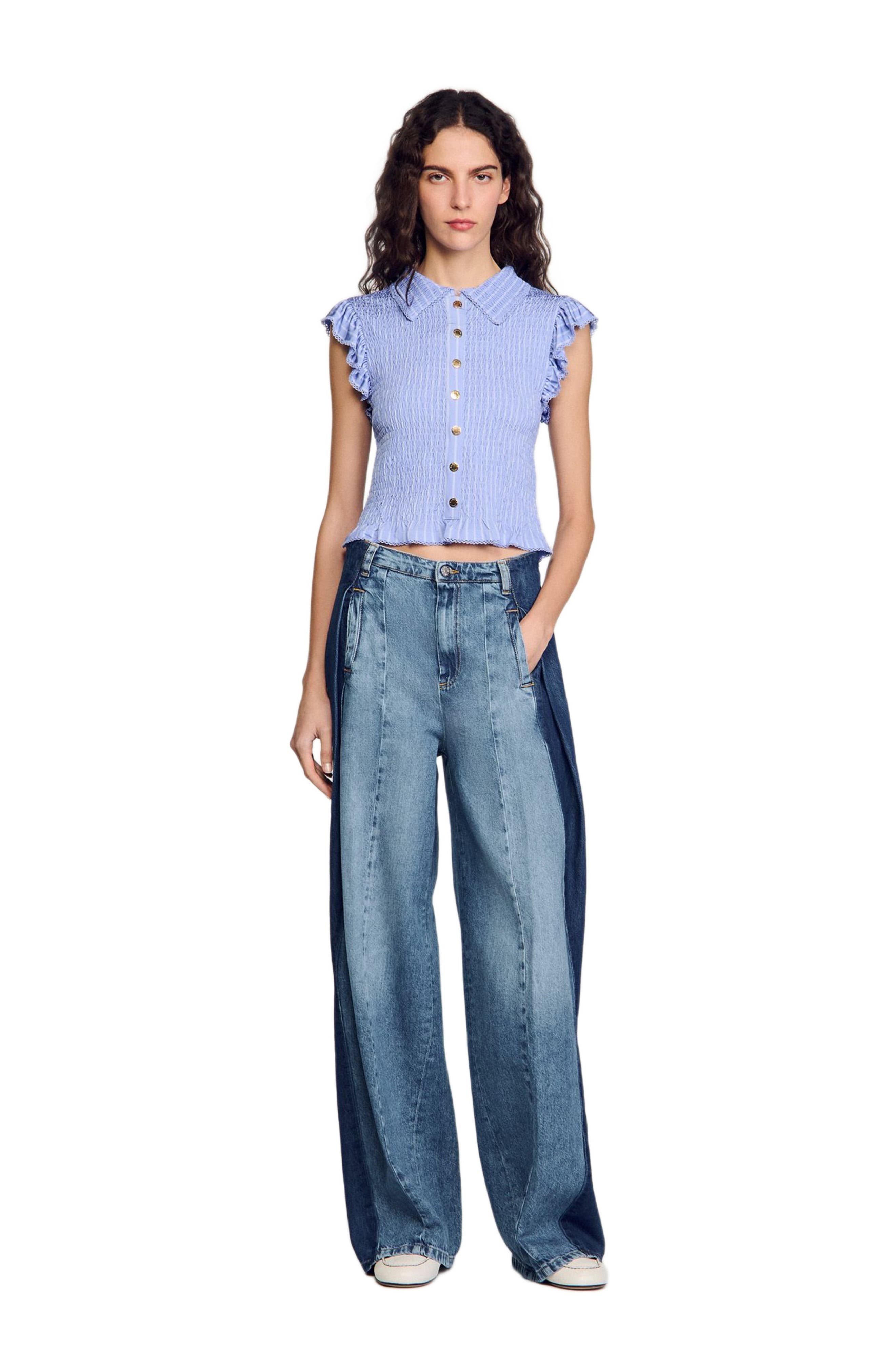 SANDRO Striped smocked T-shirt in Sky Blue at Nordstrom - 6