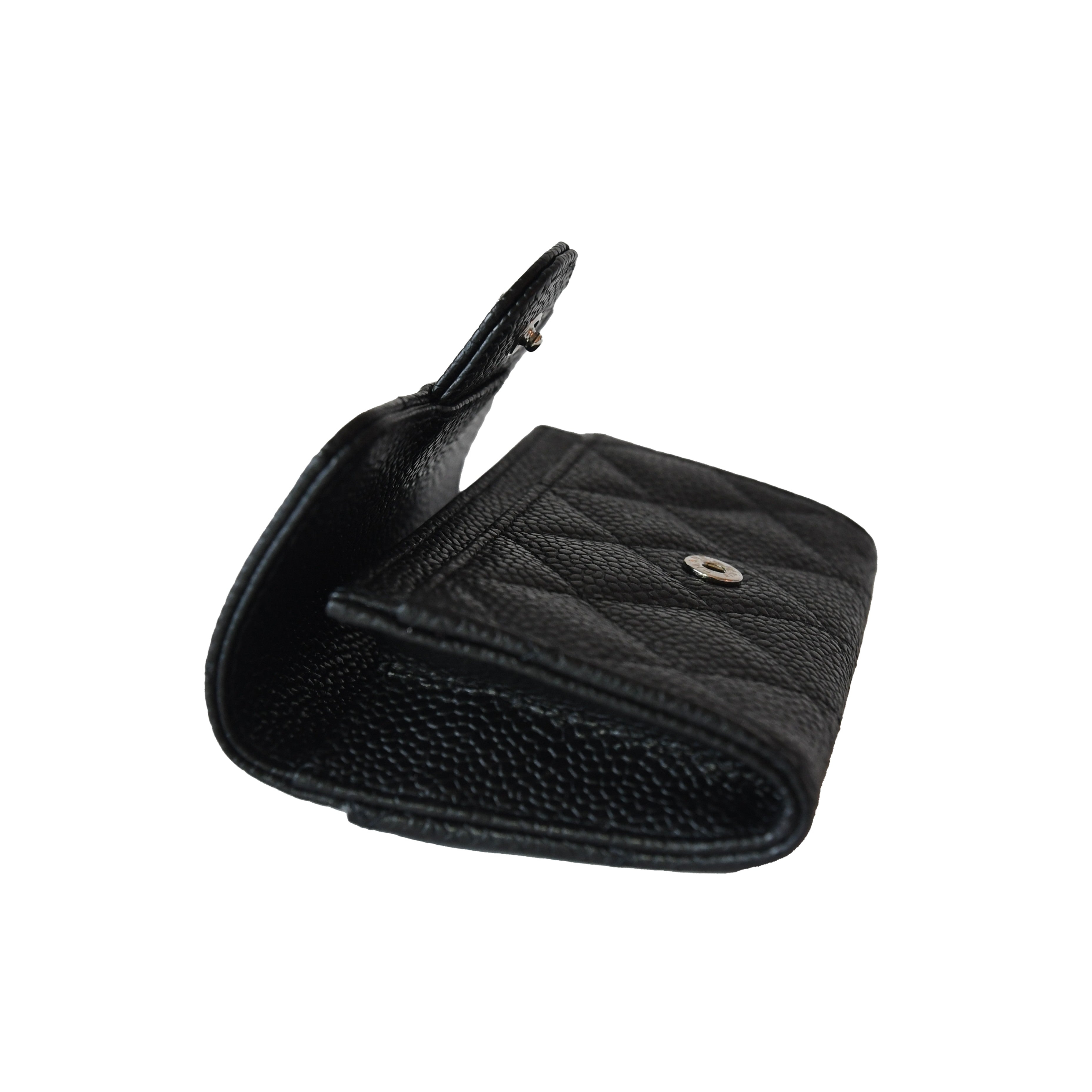 Chanel CC Quilted Caviar Flap Card Holder Wallet Black Silver - 4