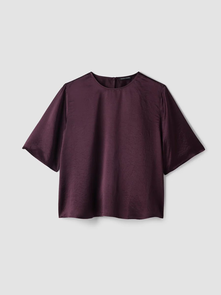 Textured Satin Round Neck Elbow-Sleeve Top - 1