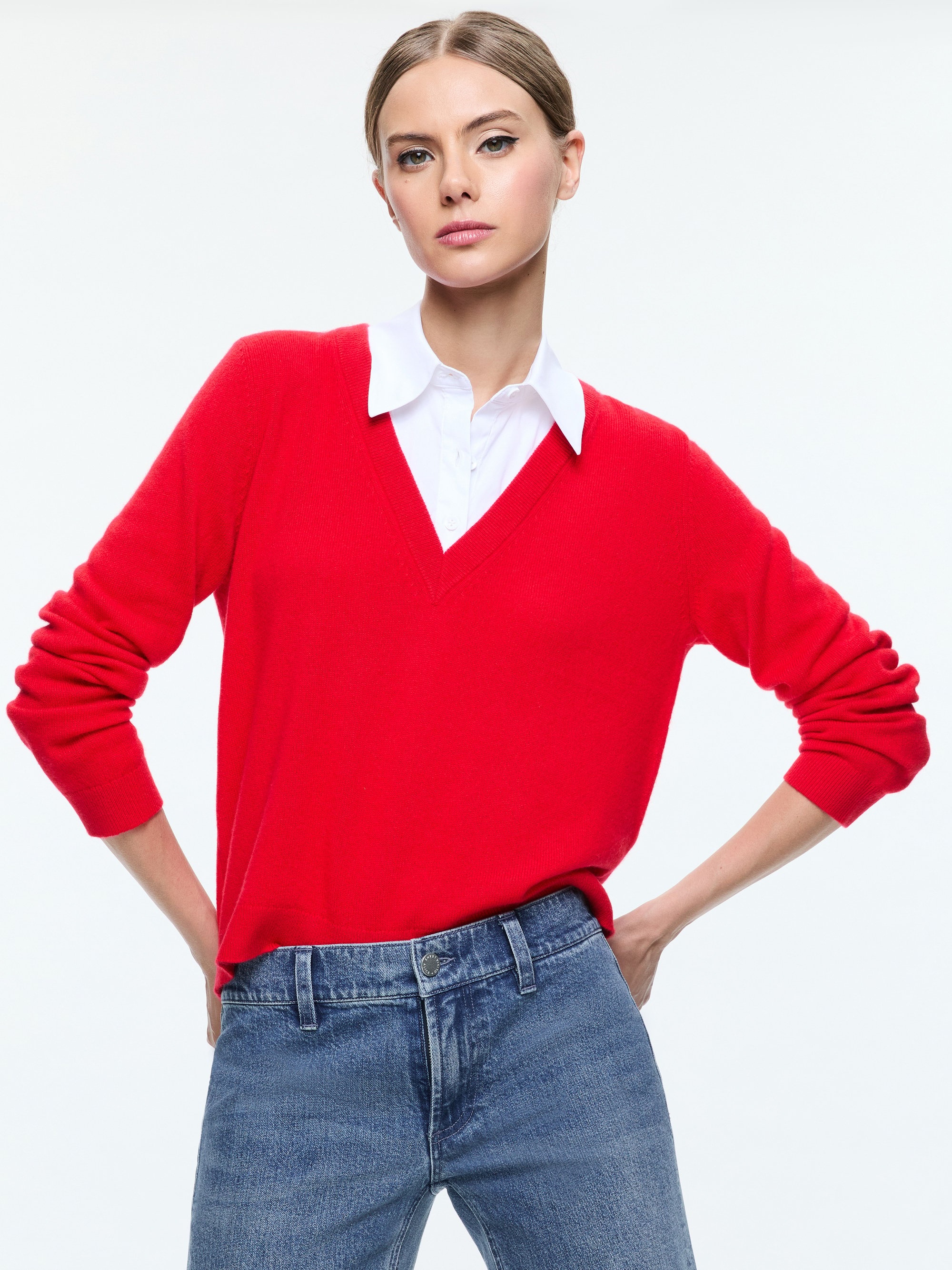 DENBY WOVEN COLLAR V NECK PULLOVER - 1