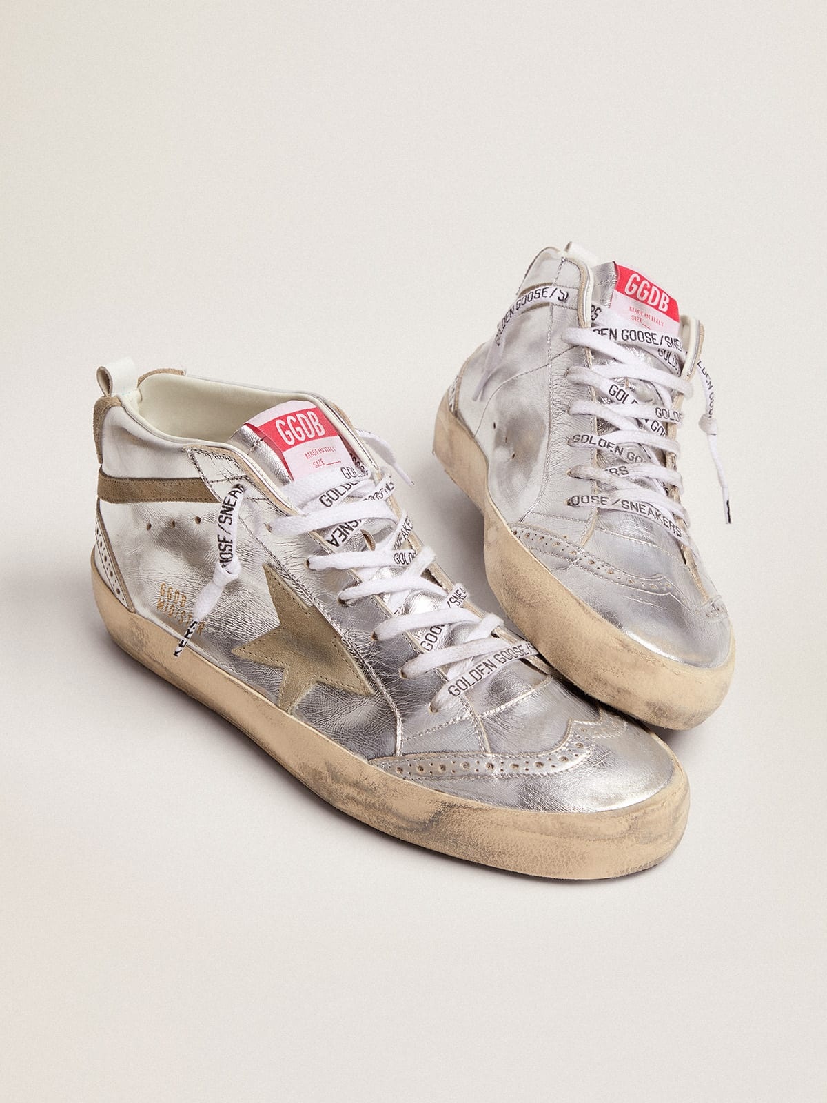 Mid Star sneakers in silver metallic leather with star and flash in dove-gray suede - 2