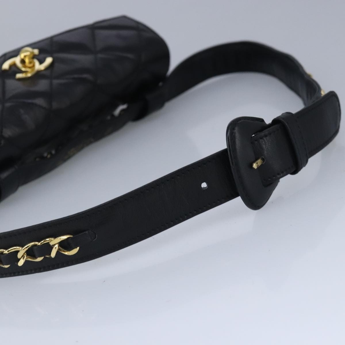 CHANEL Matelasse Chain Waist Bag Lamb Skin Black Gold CC - 7