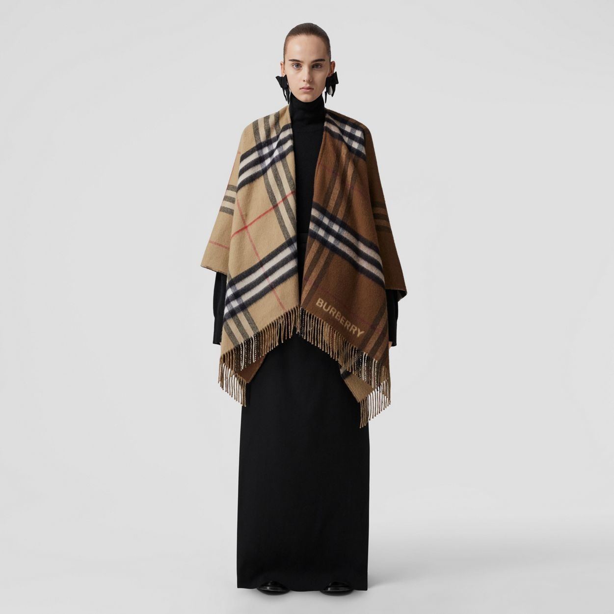 Contrast Check Wool Cashmere Cape - 6