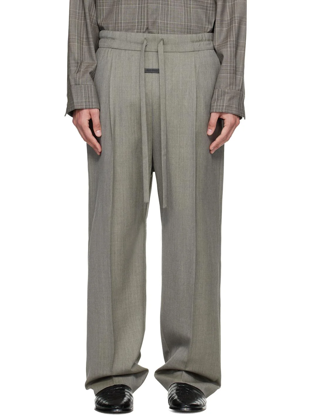 Gray Virgin Wool Drawstring Straight Trousers - 1