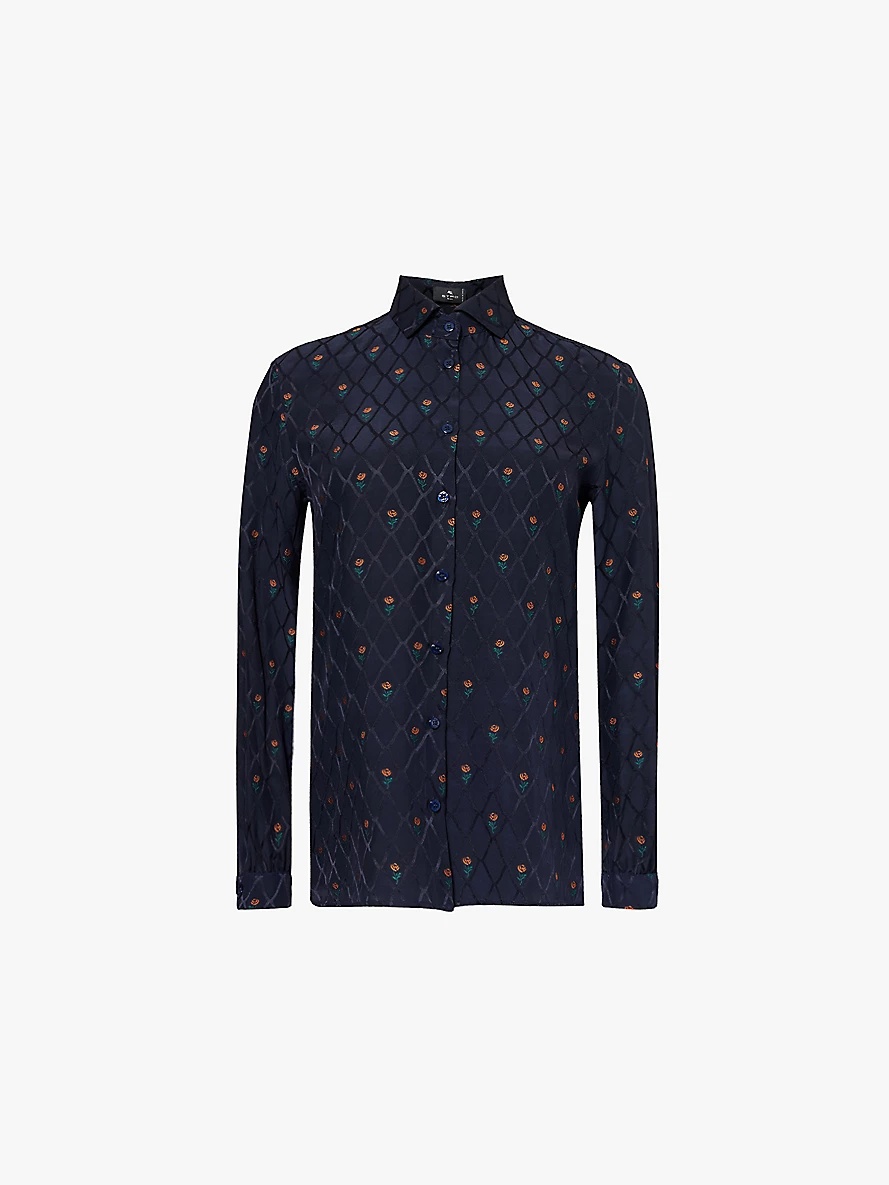 Floral-embroidered slim-fit woven-blend shirt - 1