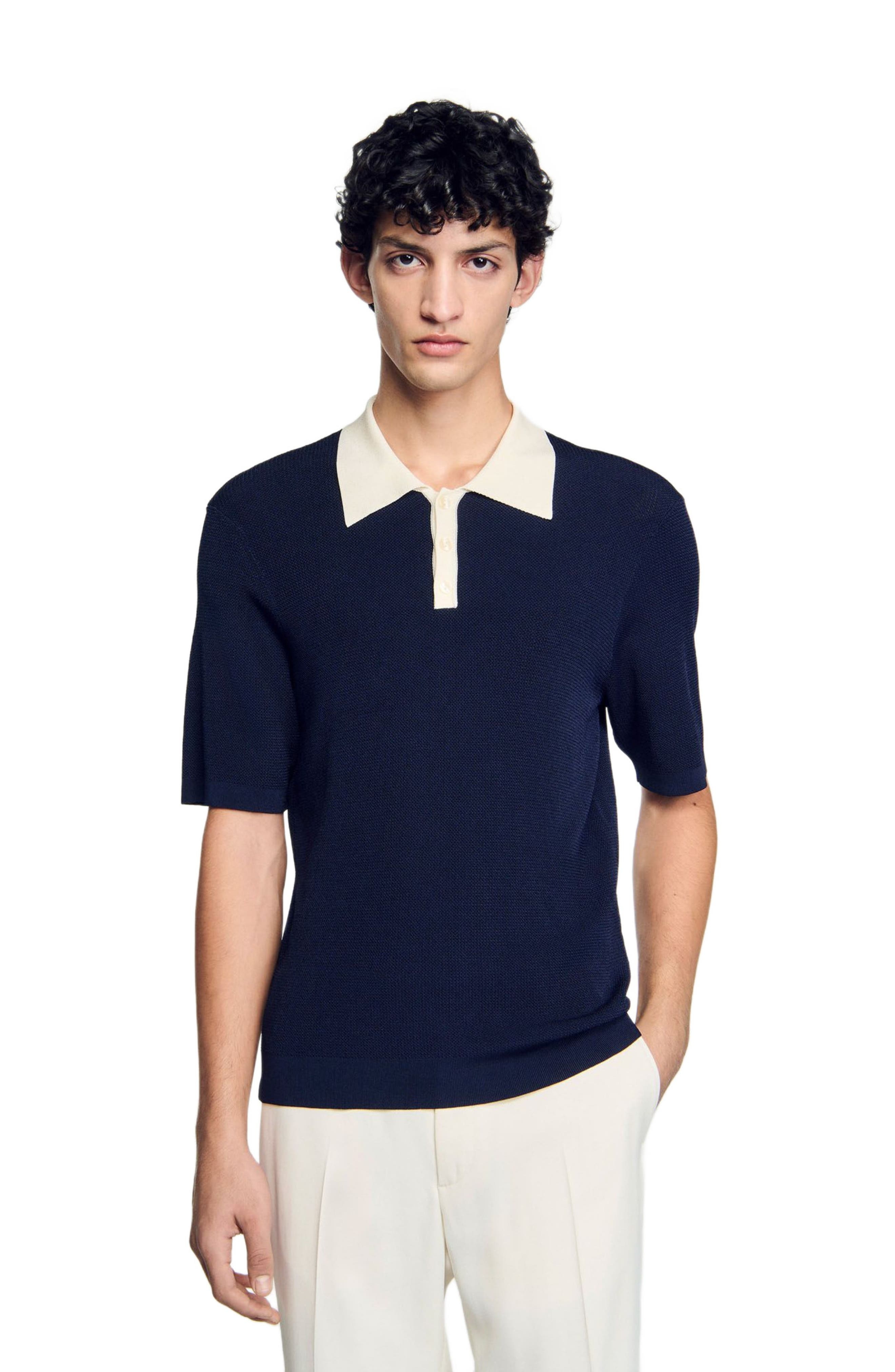 SANDRO Two-tone polo shirt in Navy Blue at Nordstrom - 3