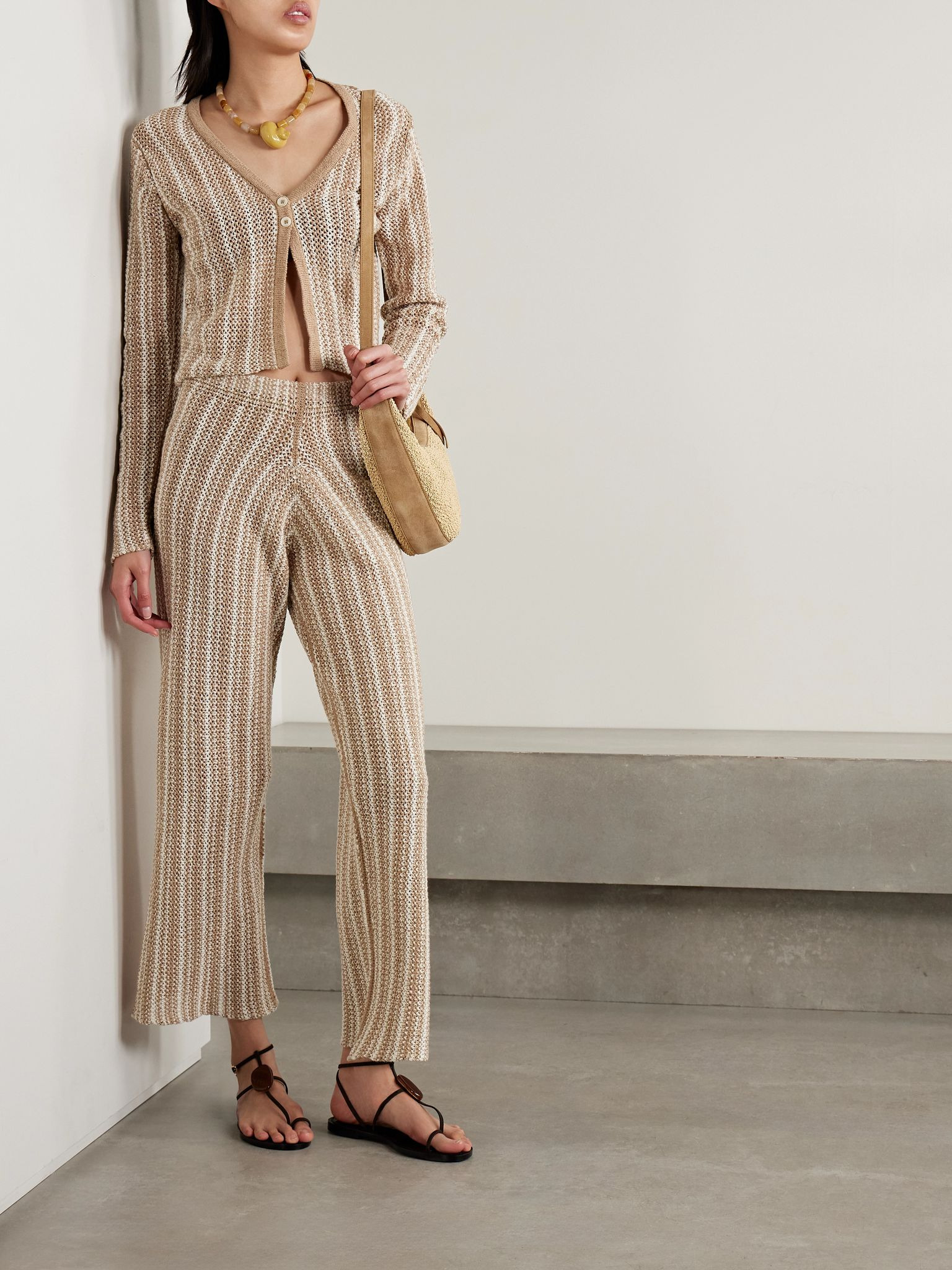 Striped crocheted cotton straight-leg pants Tan - 2