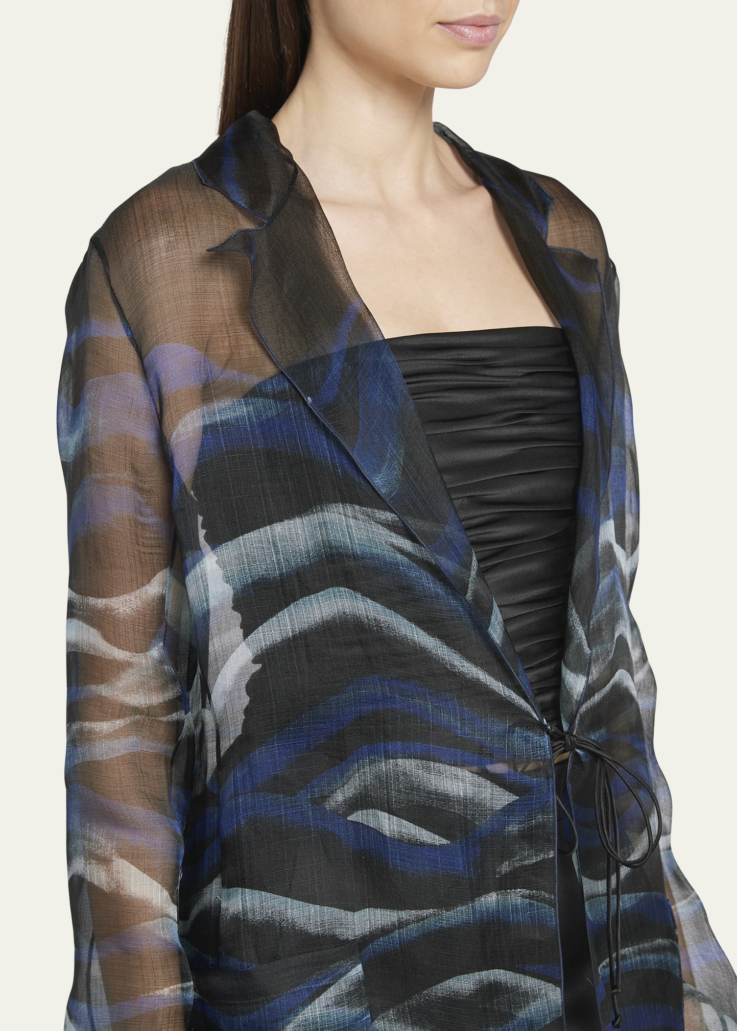 Night Water Print Self-Tie Silk Blouse Jacket - 5