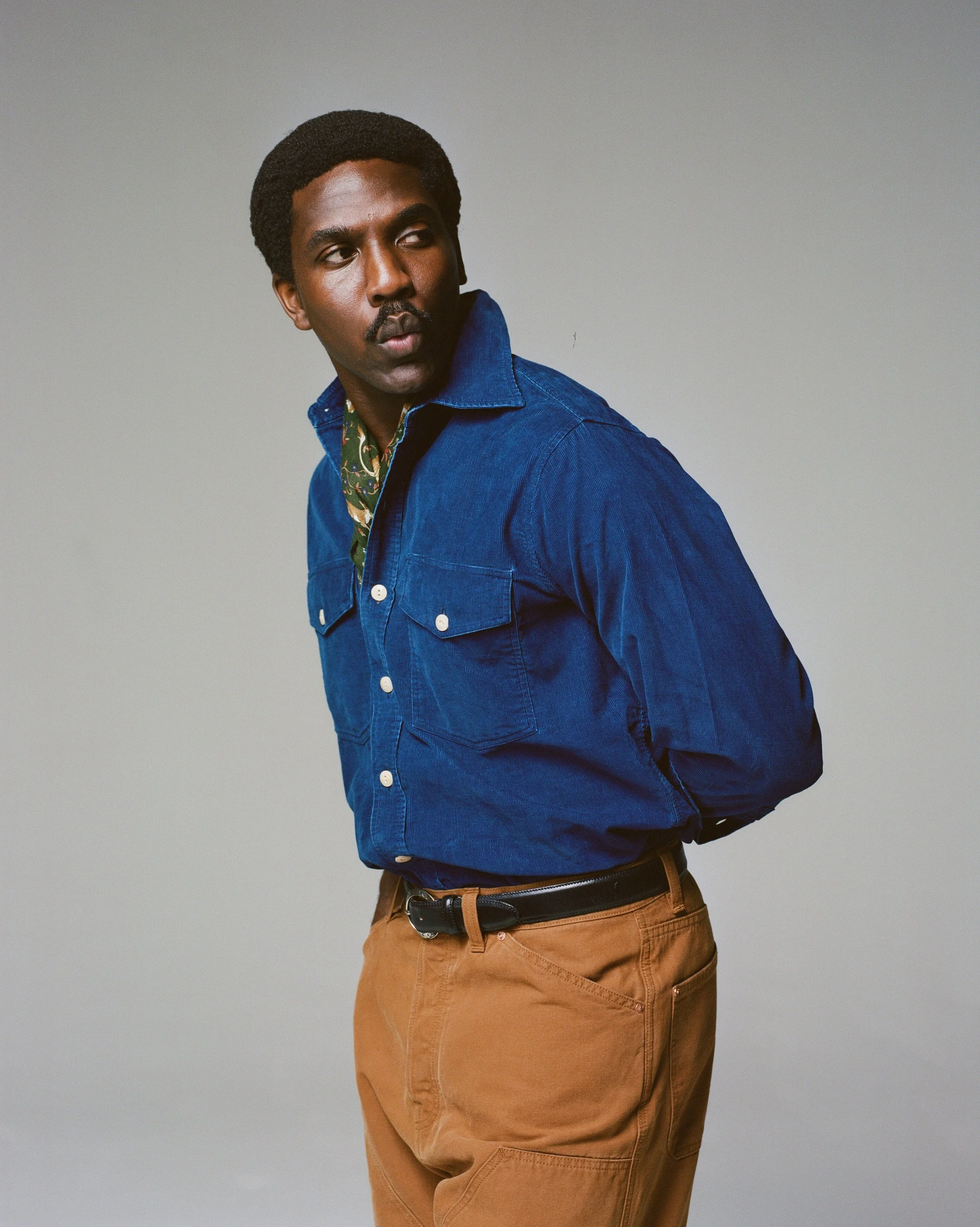 Navy Corduroy Two-Pocket Long Point Collar Work Shirt - 1