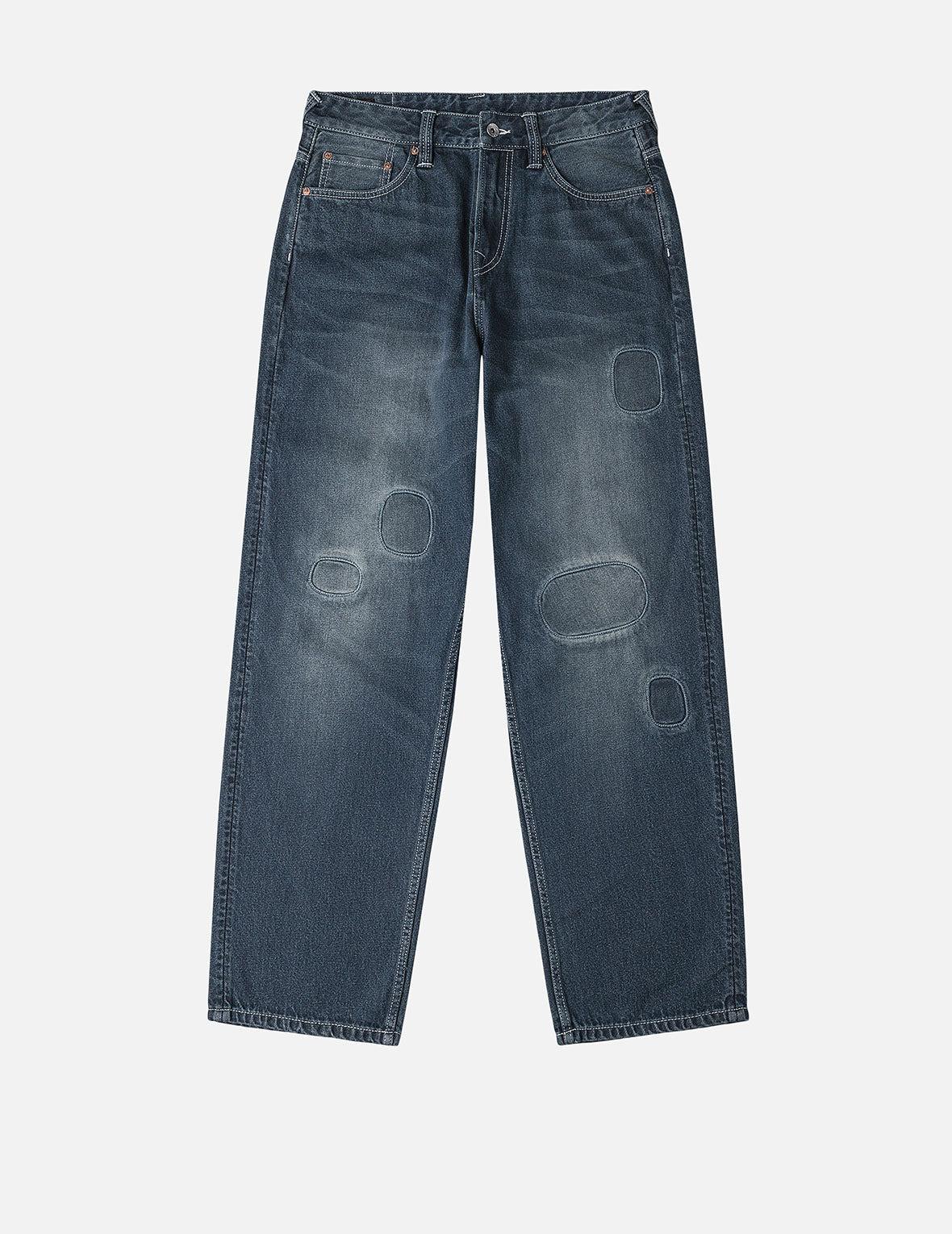 Distressed Seagull Print with Irregular Patches Loose Fit Denim Jeans - 4