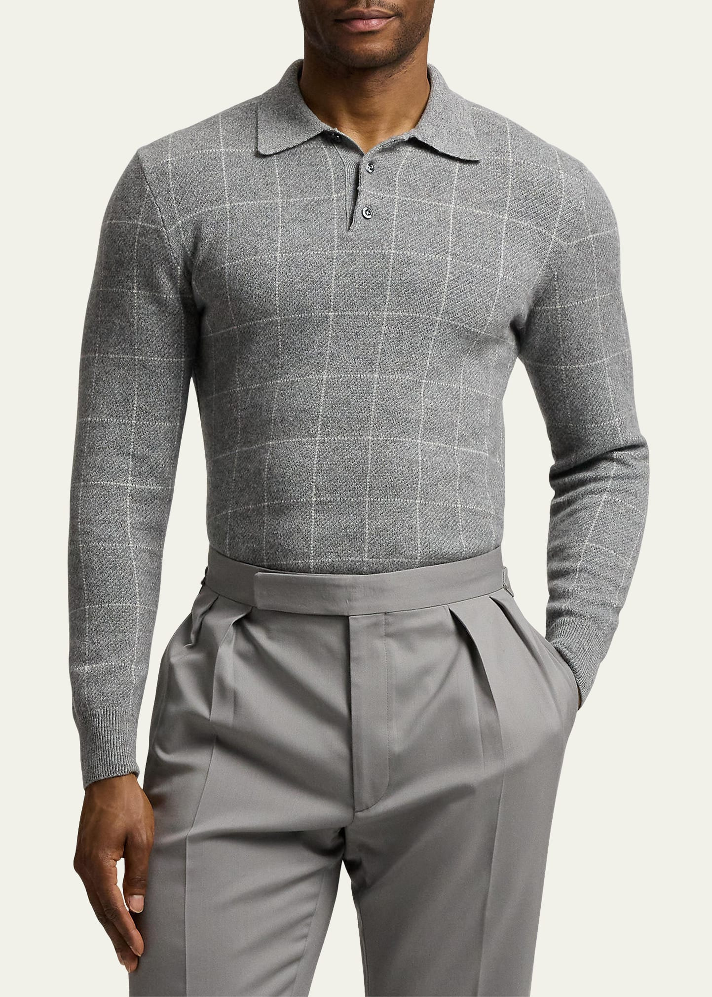 Men's Cashmere Windowpane Polo Sweater - 4