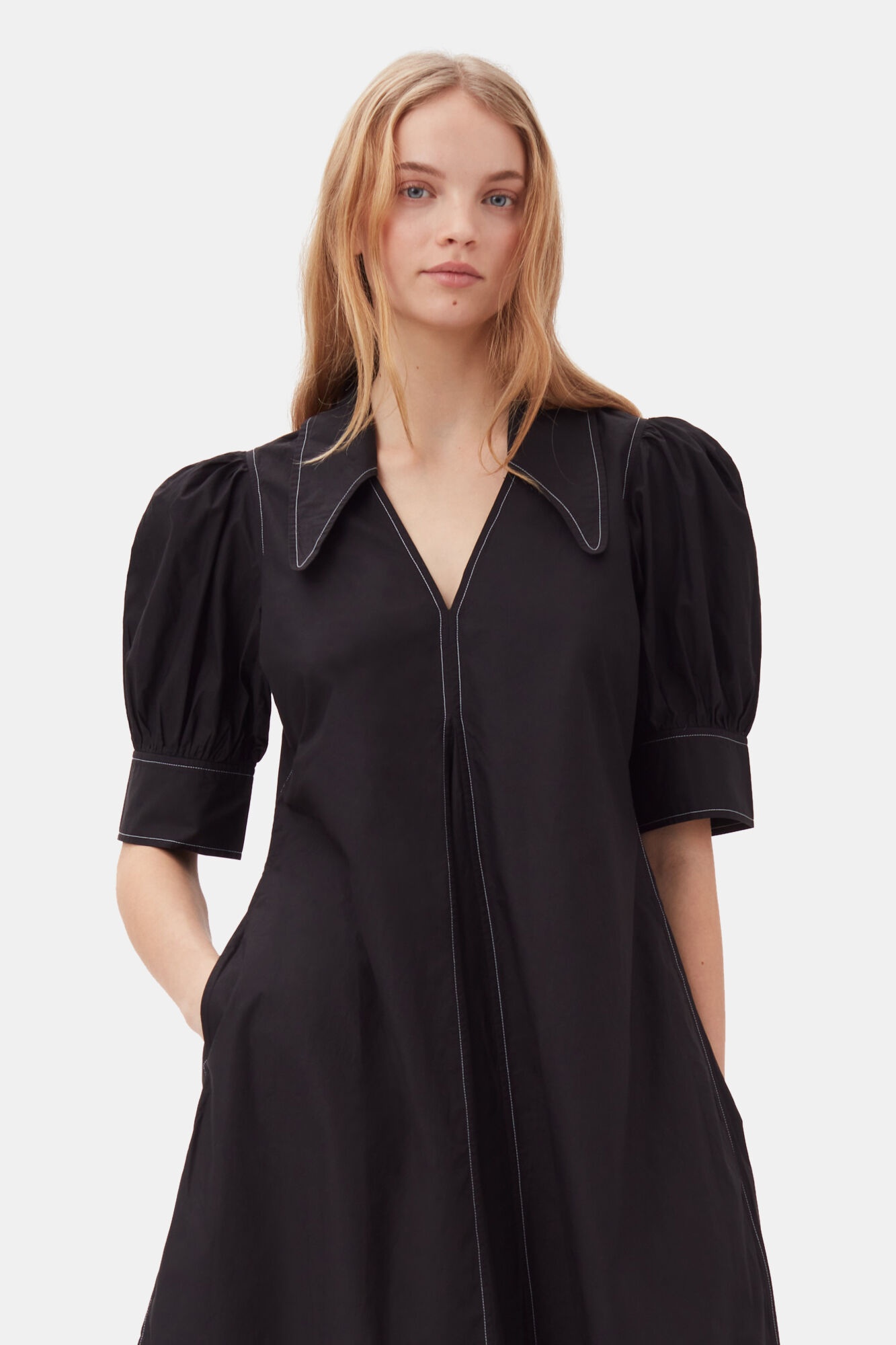 COTTON POPLIN V-NECK MIDI DRESS - 3