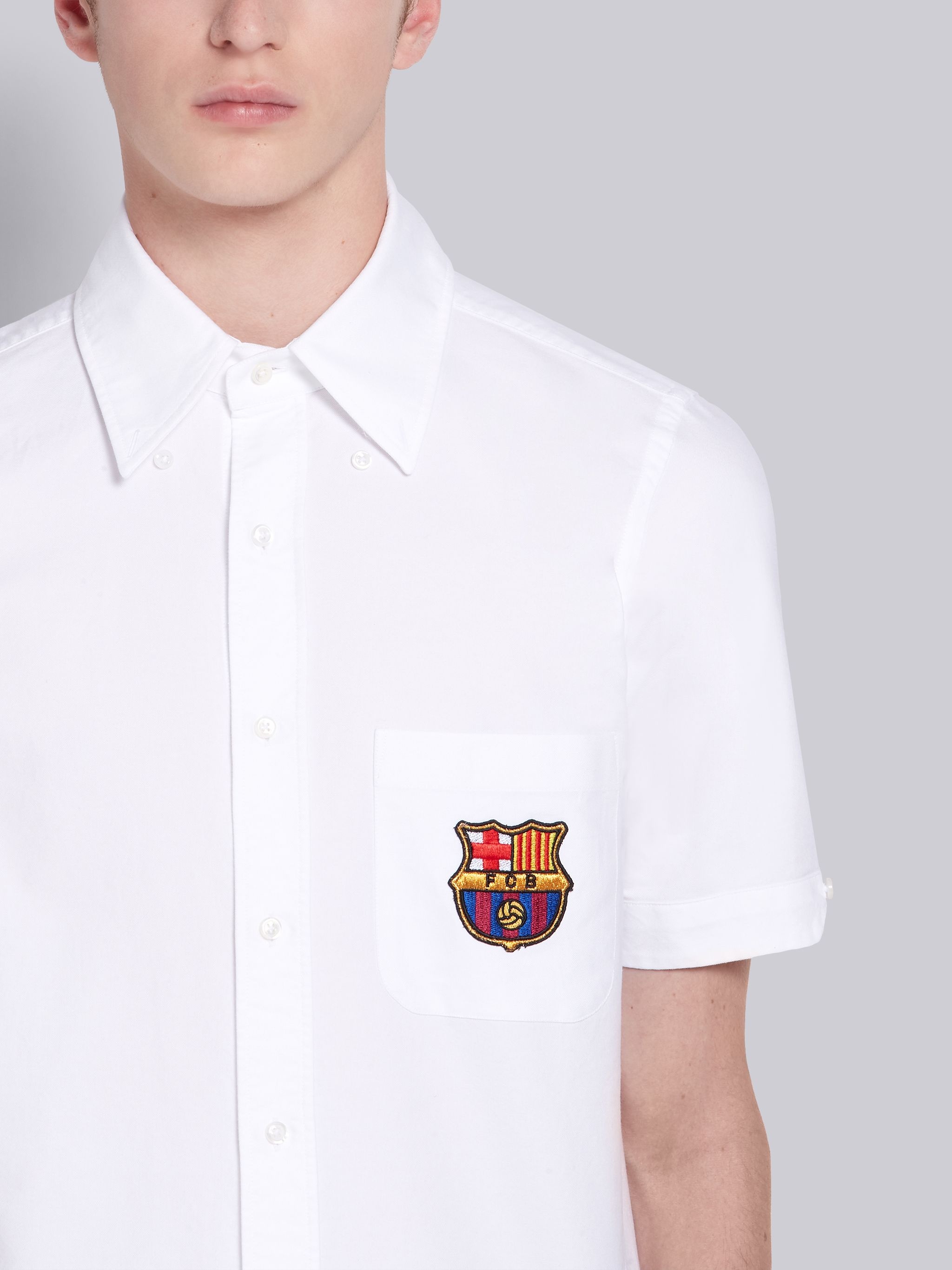 White Cotton Oxford FC Barcelona Patch Classic Short Sleeve Shirt - 6