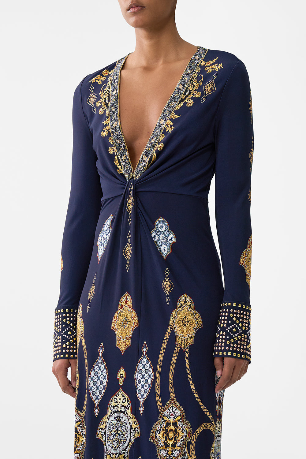 LONG V NECK TWIST FRONT JERSEY DRESS - 5