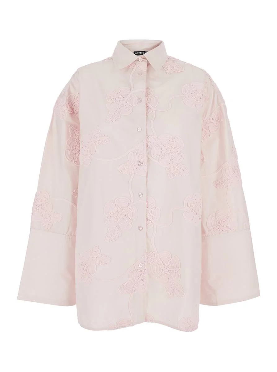 Rotate Birger Christensen Pink Oversize Shirt With Classic Collar And All-Over Floral Embroidery In - 1