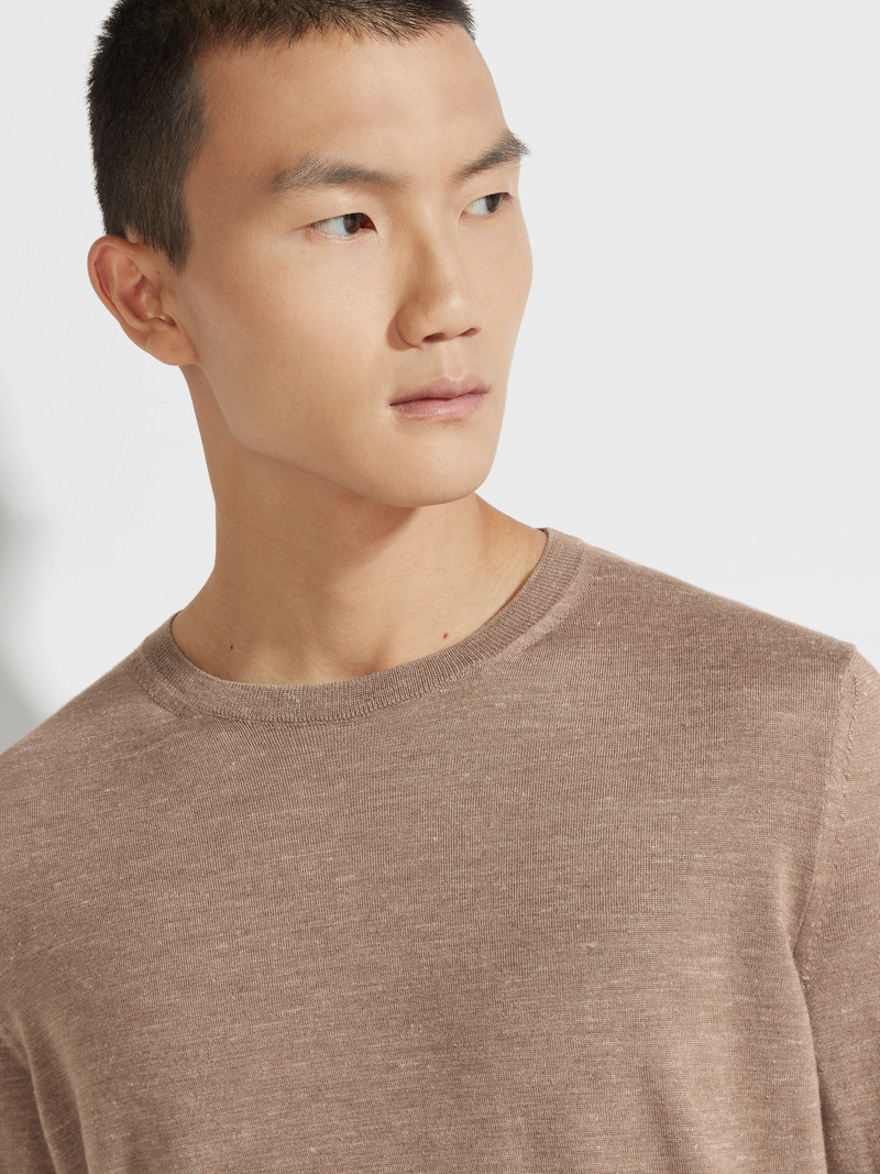 ZEGNA LIGHT BROWN MÉLANGE SILK CASHMERE AND LINEN CREWNECK outlook