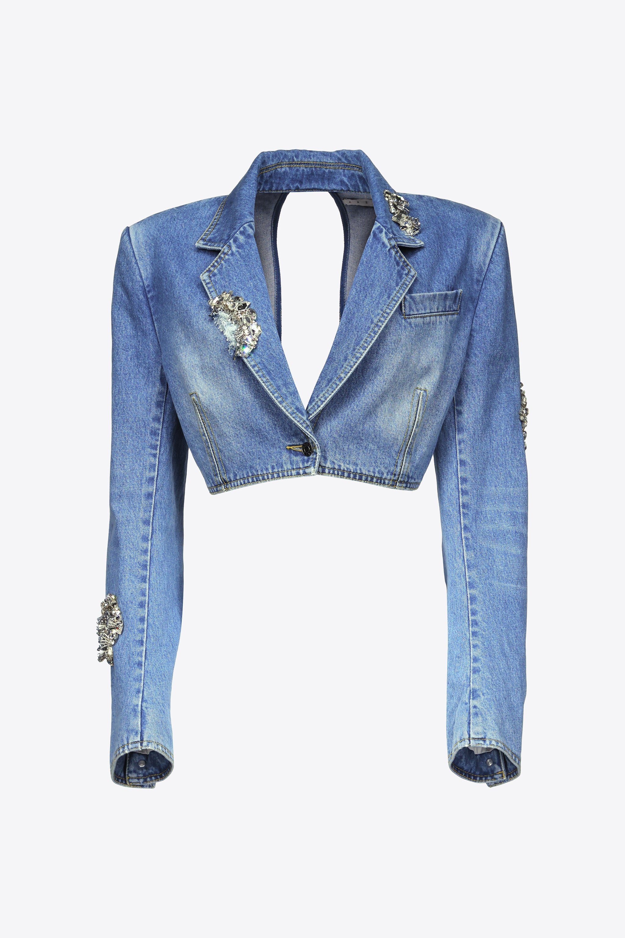 DISTRESSED CRYSTAL DENIM CROPPED BLAZER - 1