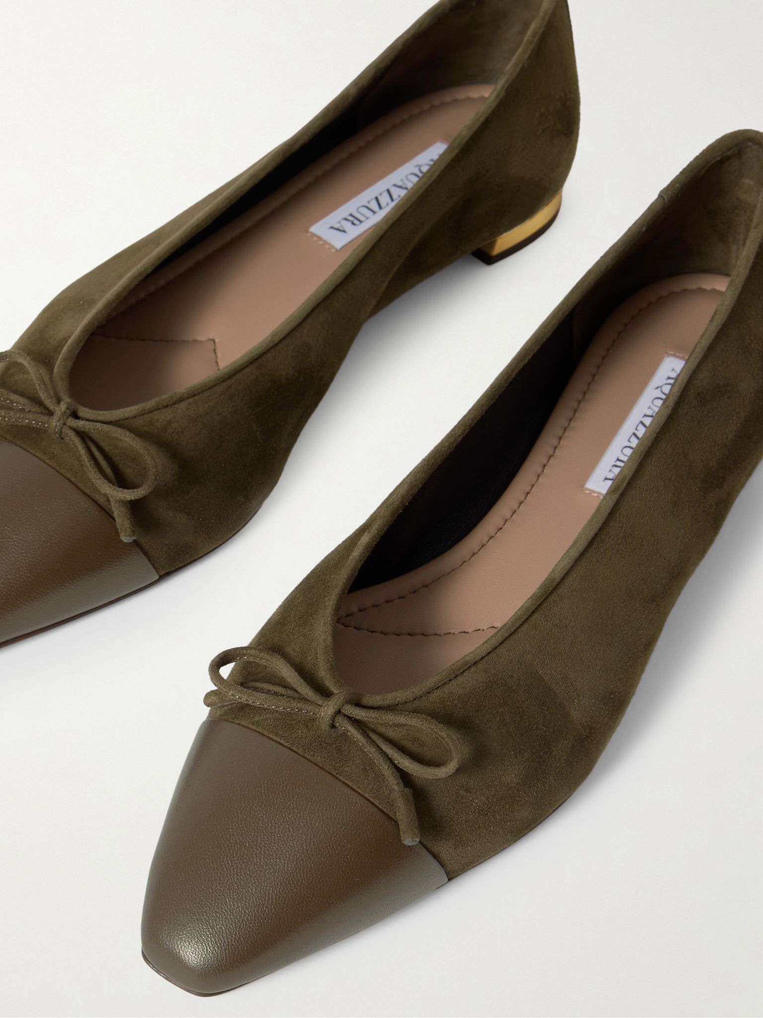 Gioia bow-detailed leather-trimmed suede ballet flats Army green - 4
