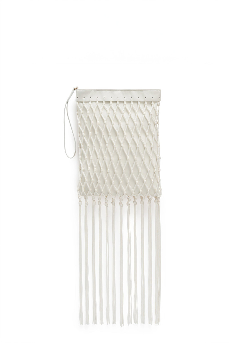 Naila Fringe Pouch in Ivory Nappa Leather & Silk Macrame - 1