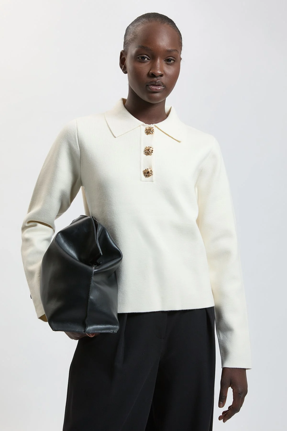 Compact Wool Embellished Button Knitted Polo - 1