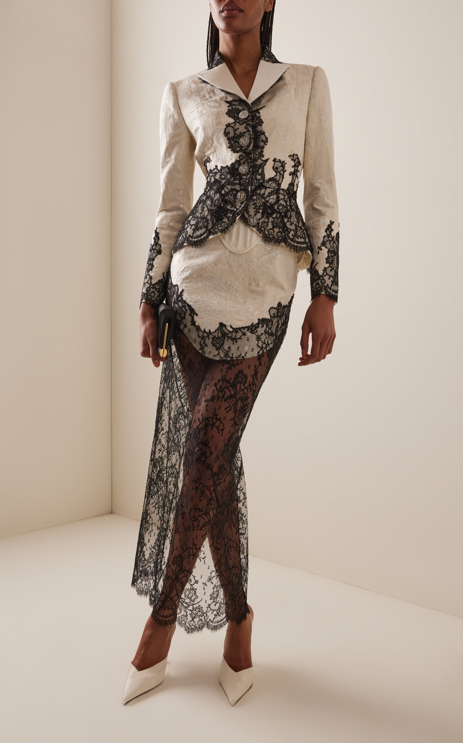 Lace-Paneled Brocade Maxi Skirt ivory - 3