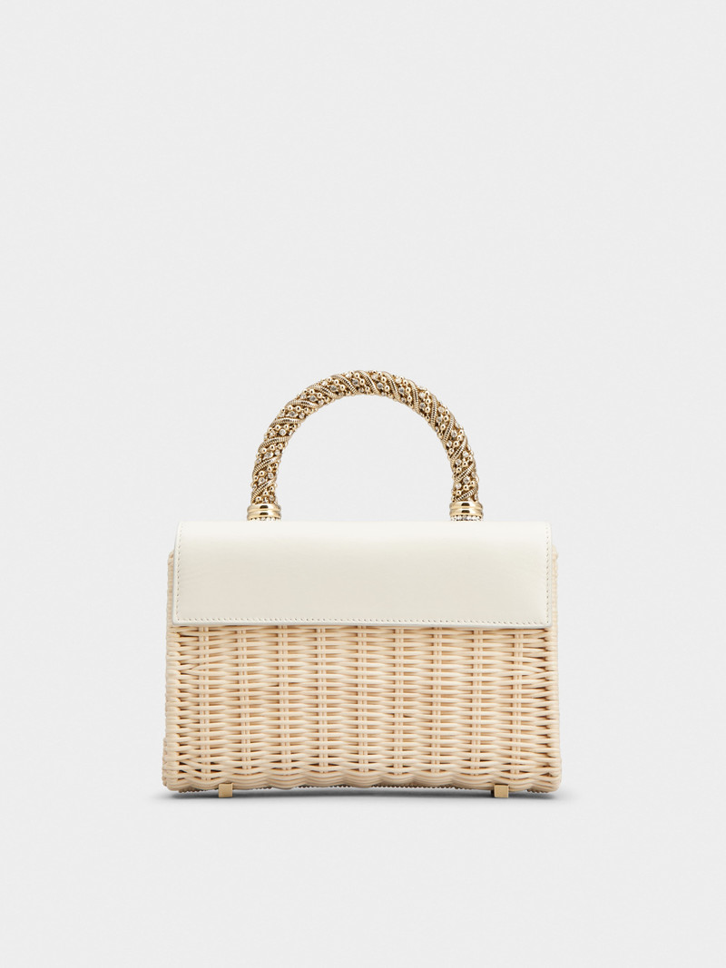 Wicker Jewel Mini Flower Strass Buckle Clutch Bag in Leather and Rattan 4